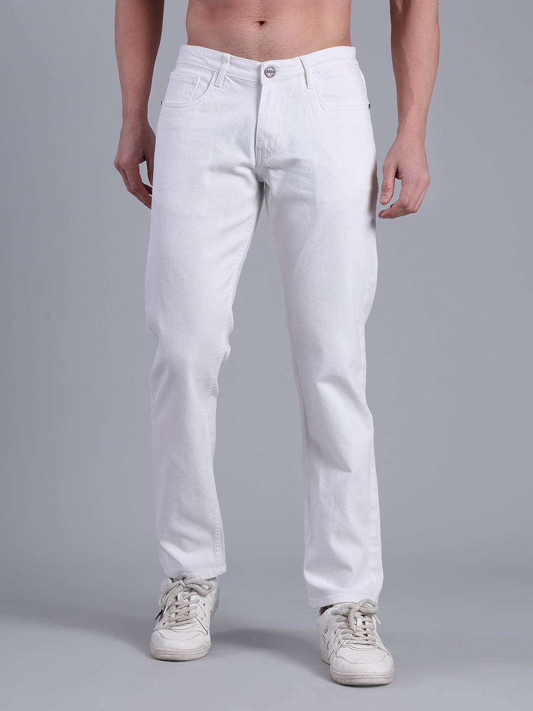 Stylox Men’s Slim Fit Mid Rise Solid Denim Jeans (White) - Stylox