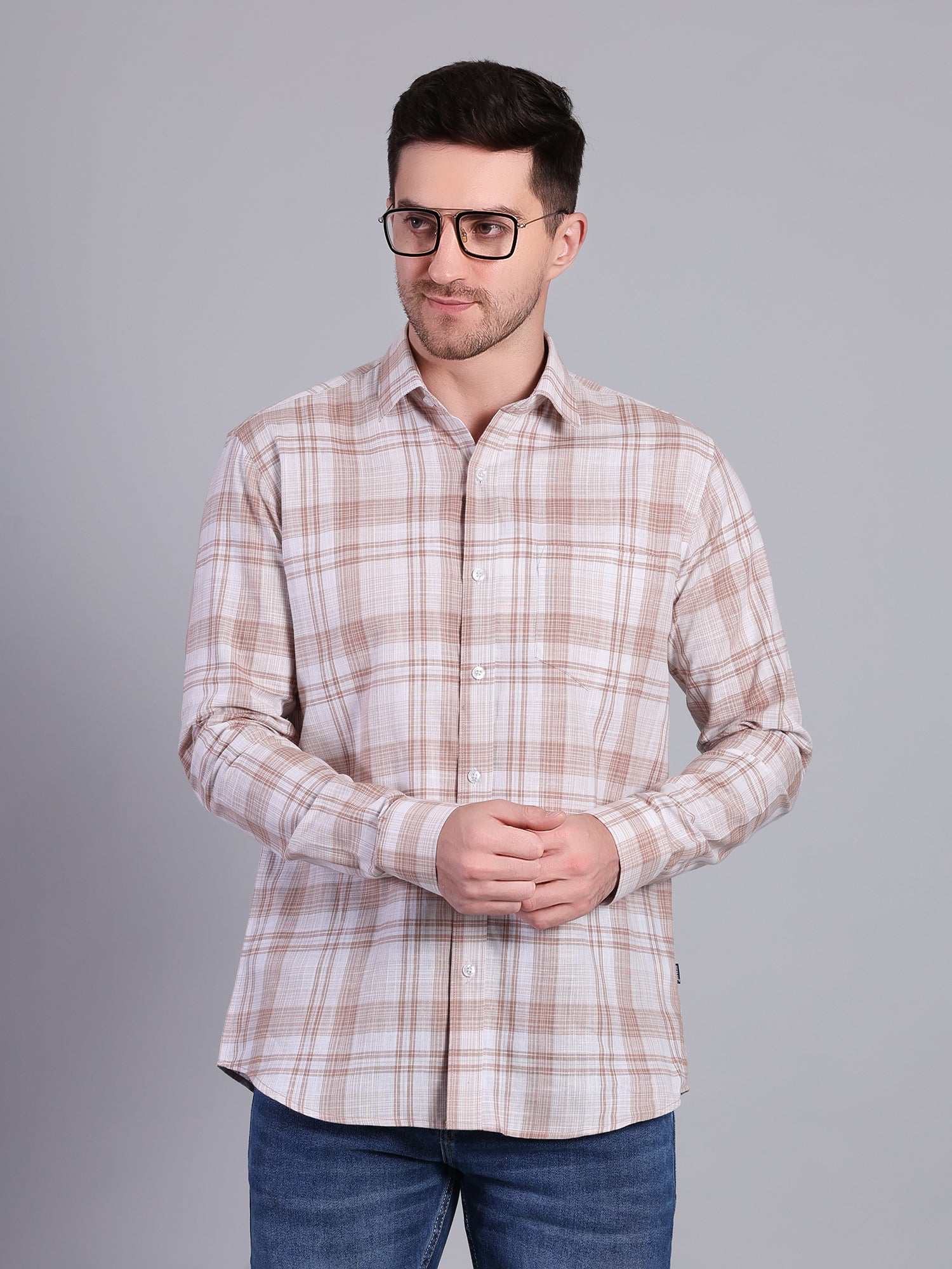 Stylox Men’s Regular Fit Checked Full Sleeve Casual Shirt-Brown - Stylox