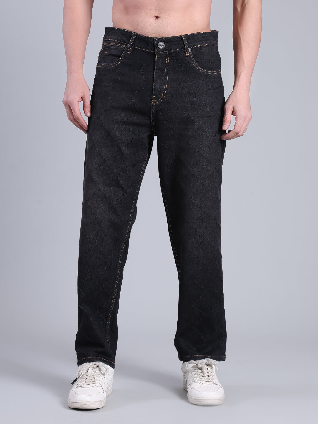 Stylox Men’s Loose Fit Mid-Rise Black Washed Denim Jeans - Stylox