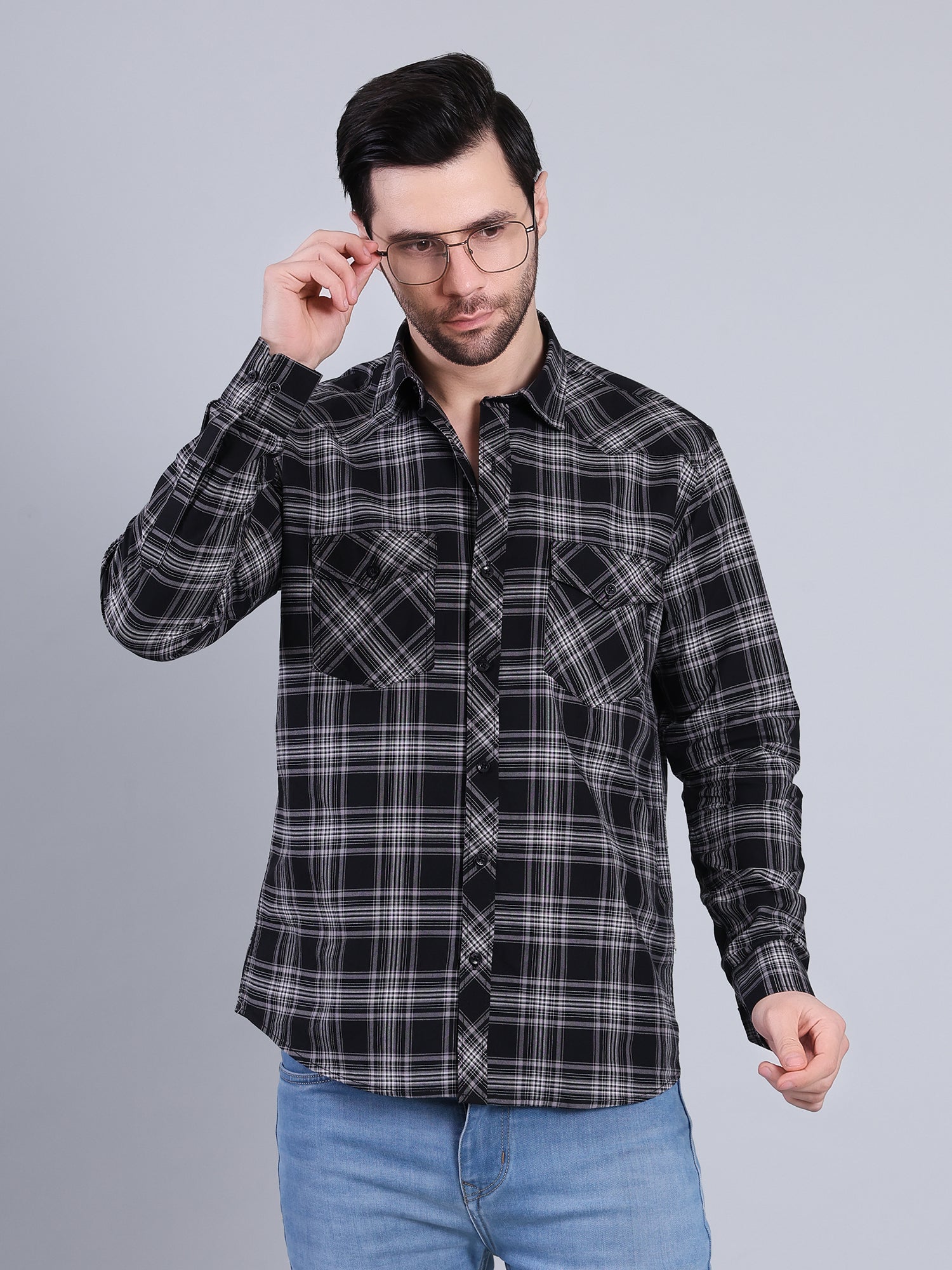 Stylox Men's Regular Fit Double Chest Pocket Check Casual Shirt (Black)
