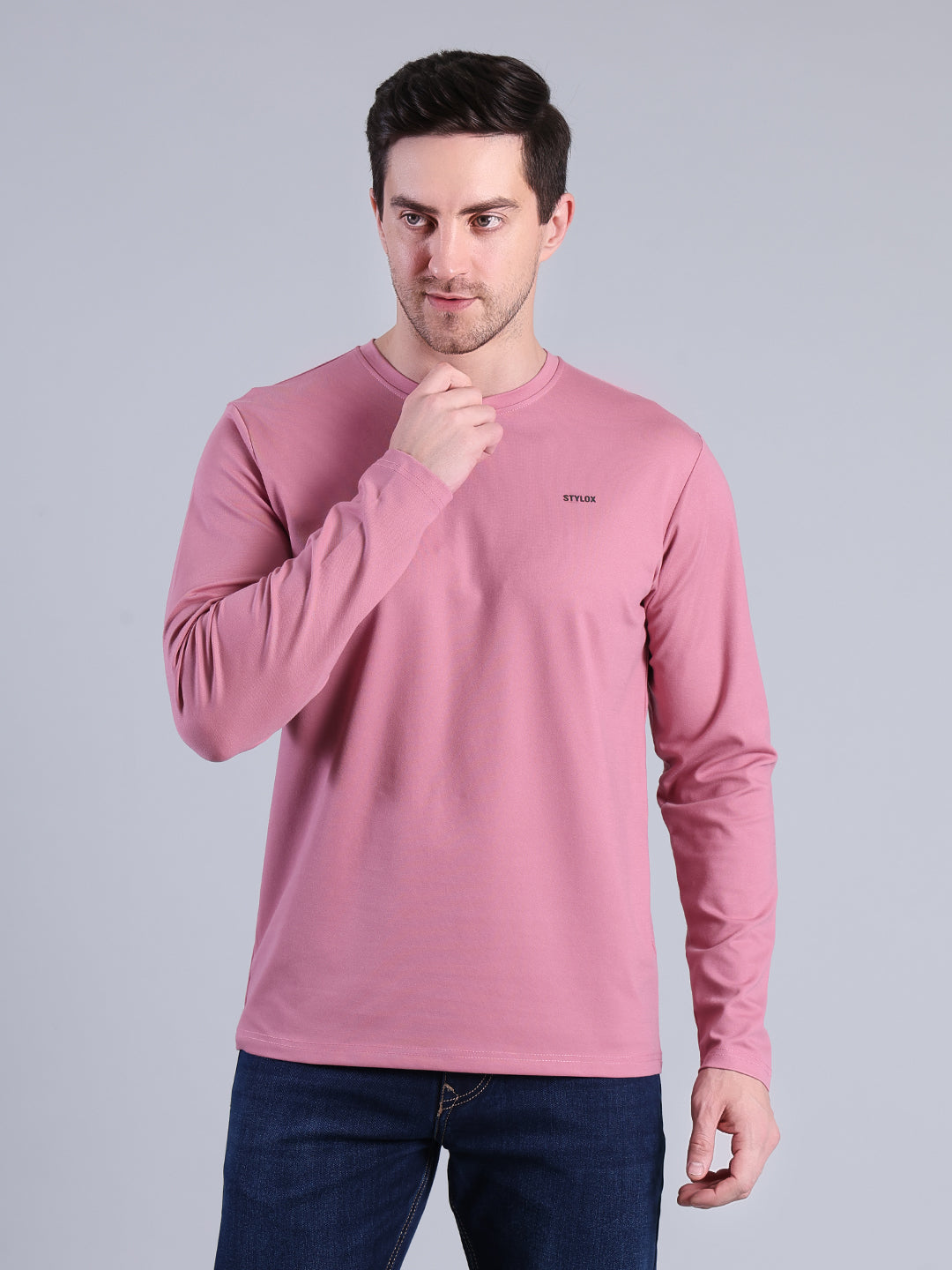 Stylox Men’s Full Sleeve Round Neck T-Shirt | Solid Slim Fit Cotton Blend Casual Tee