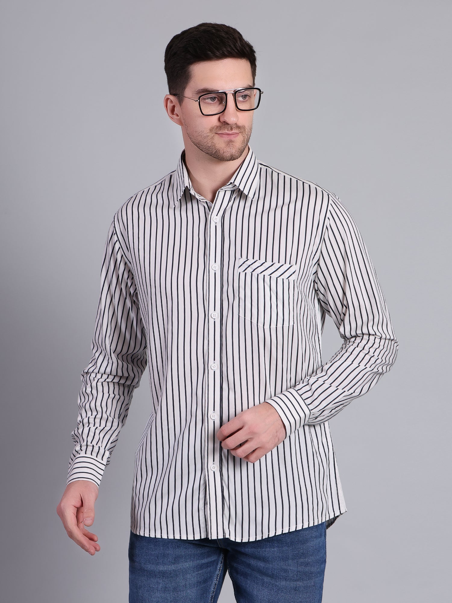 Stylox Men’s Regular Fit Vertical Striped Full Sleeve Casual Shirt-White - Stylox
