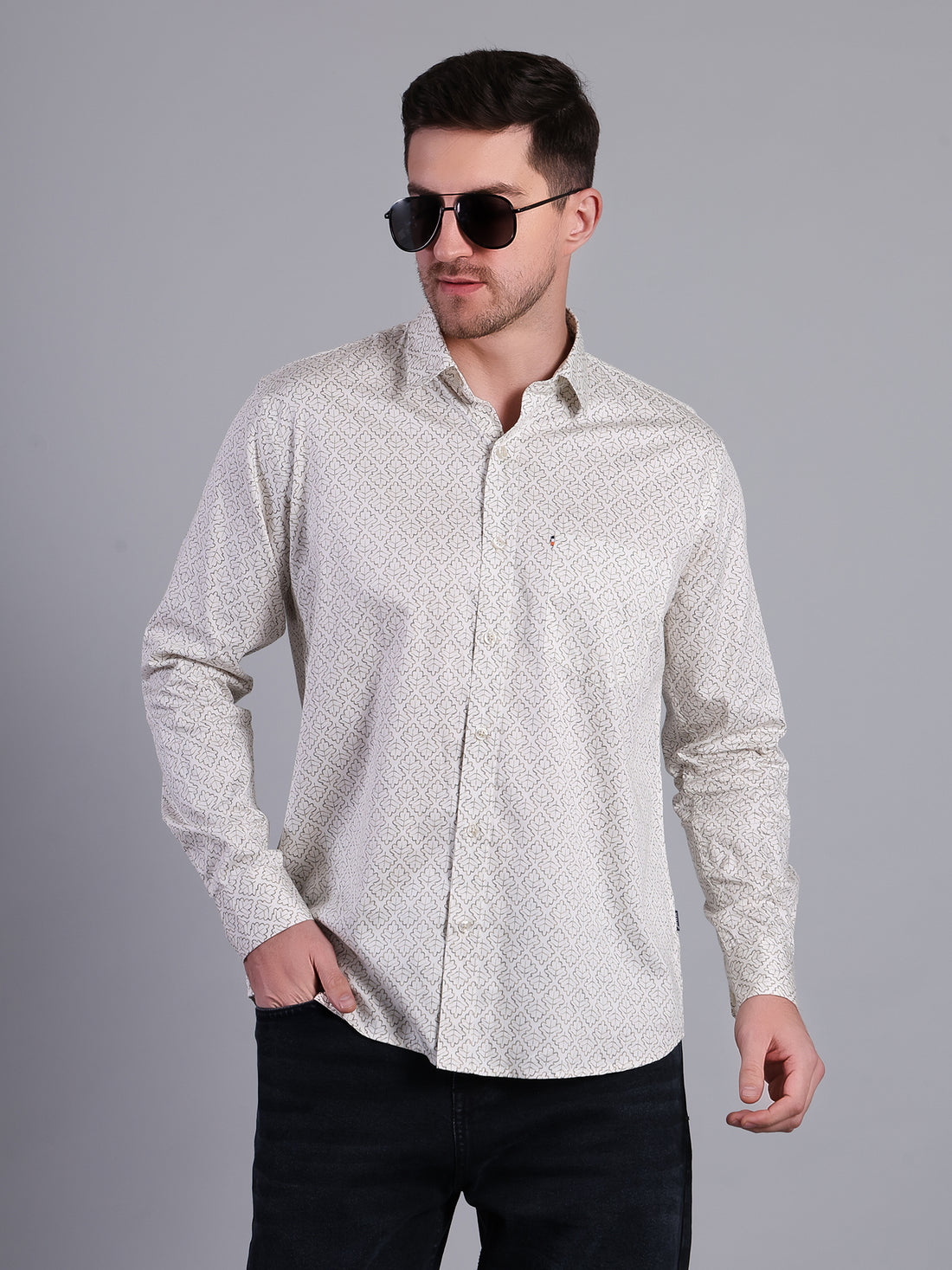 Stylox Men’s Regular Fit Full Sleeve Leaf Print Casual Cotton Shirt-Off White - Stylox