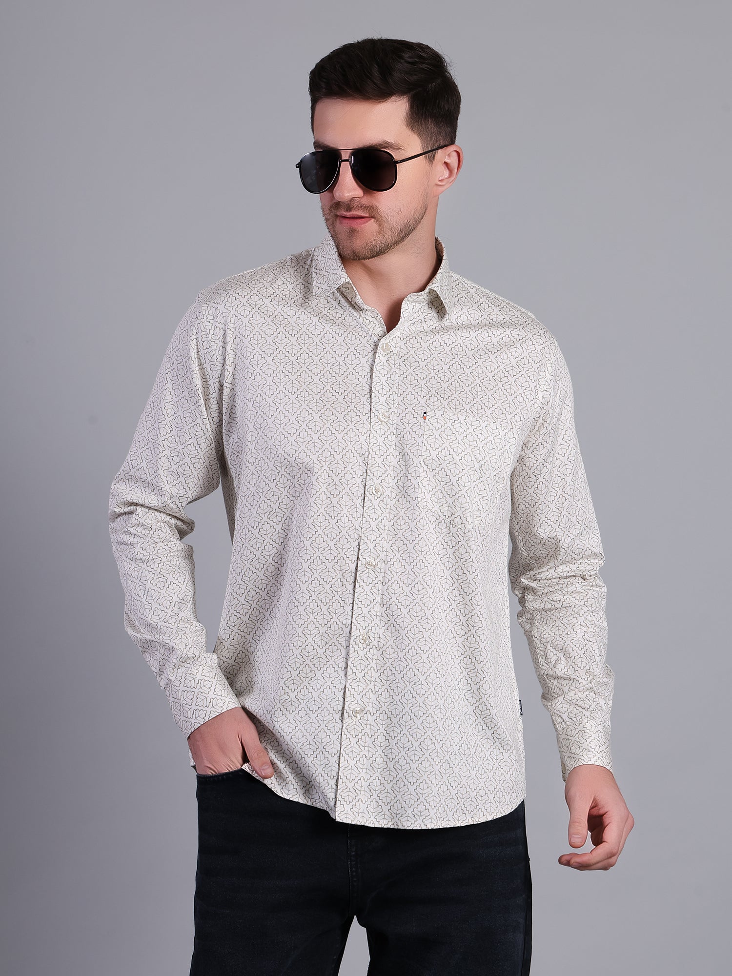 Stylox Men’s Regular Fit Full Sleeve Leaf Print Casual Cotton Shirt-Off White - Stylox