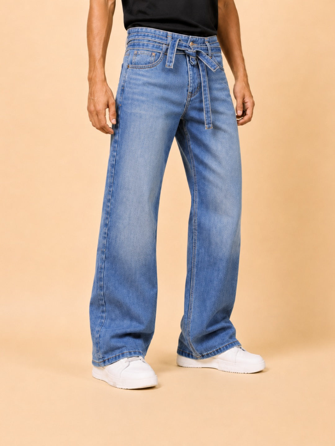 Stylox Men’s Baggy Fit Stretchable Wide Leg Denim Jeans with Tie-Waist Detail