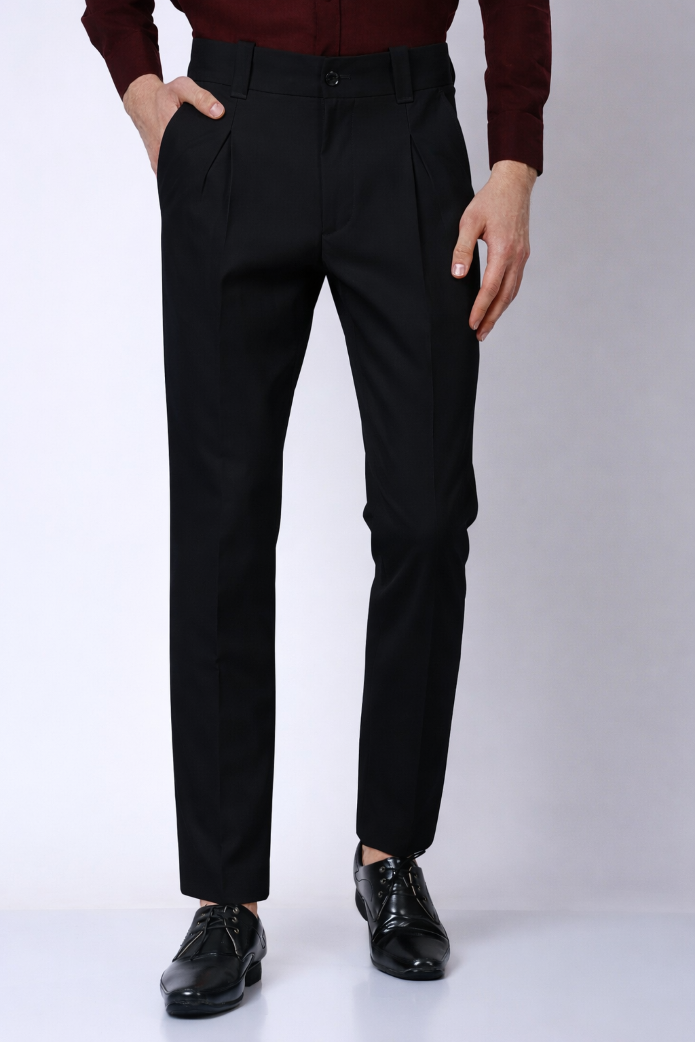 Stylox Men’s Slim Fit Pleated Formal Trousers – Premium Office Wear Pants with Side Pockets-Black - Stylox