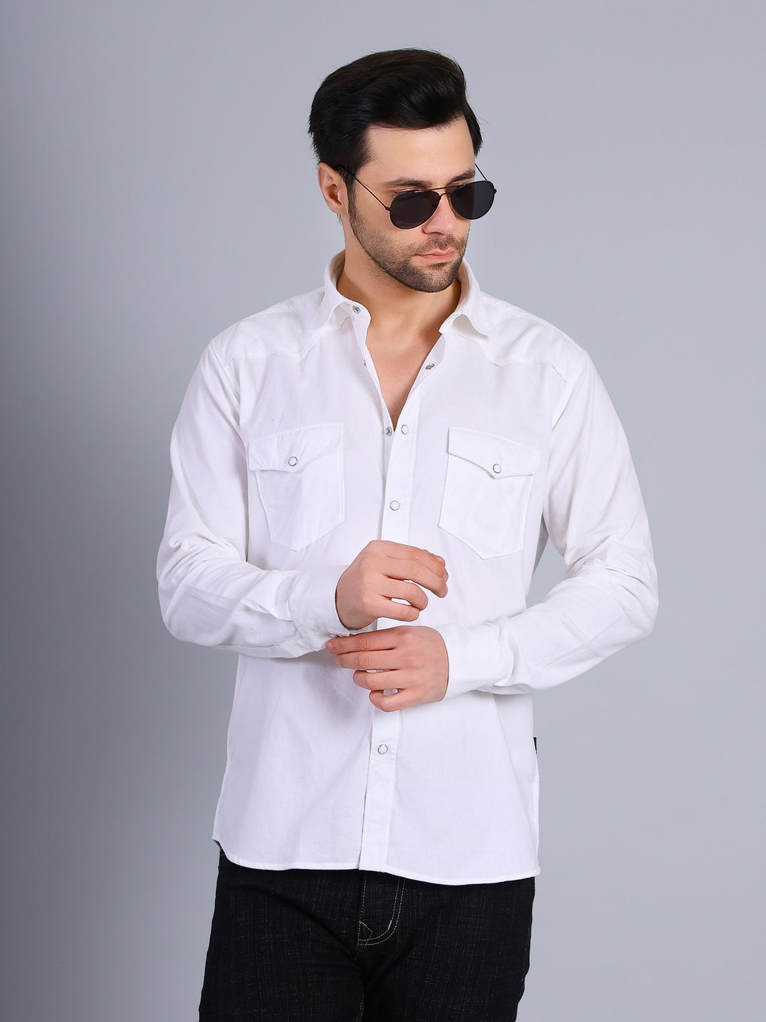 Stylox Men’s Regular Fit Full Sleeve Solid Casual Corduroy Shirt with Double Chest Pocket (White)