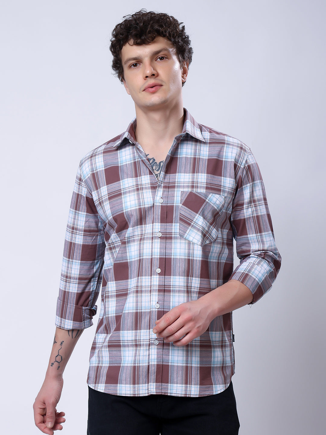 Stylox Men’s Regular Fit Full Sleeve Casual Check Shirt–Brown &amp; Sky Blue - Stylox