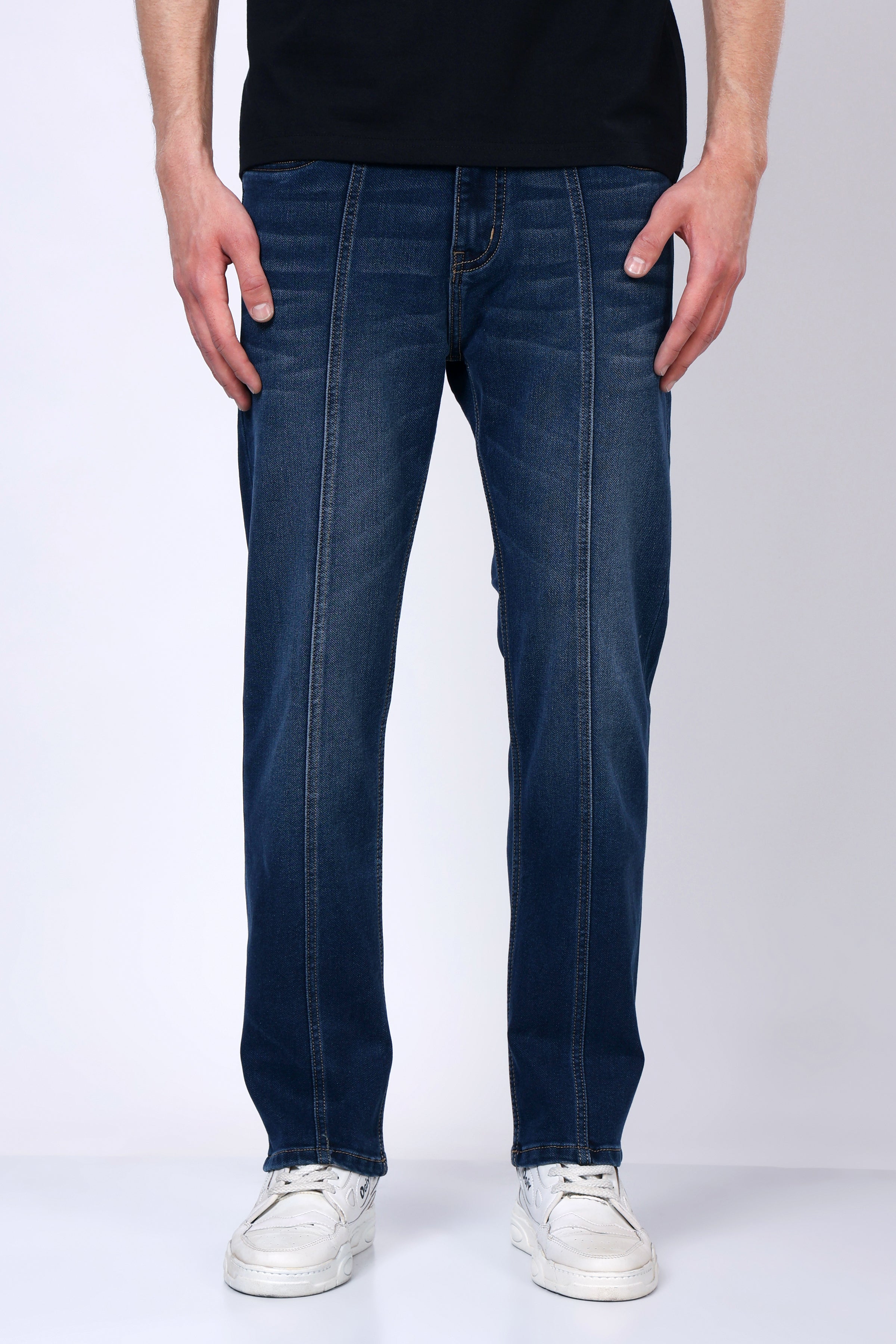 Stylox Men’s Mid-Rise Comfort Fit Stretchable Dark Blue Denim Jeans with Panel Stitch Detailing - Stylox