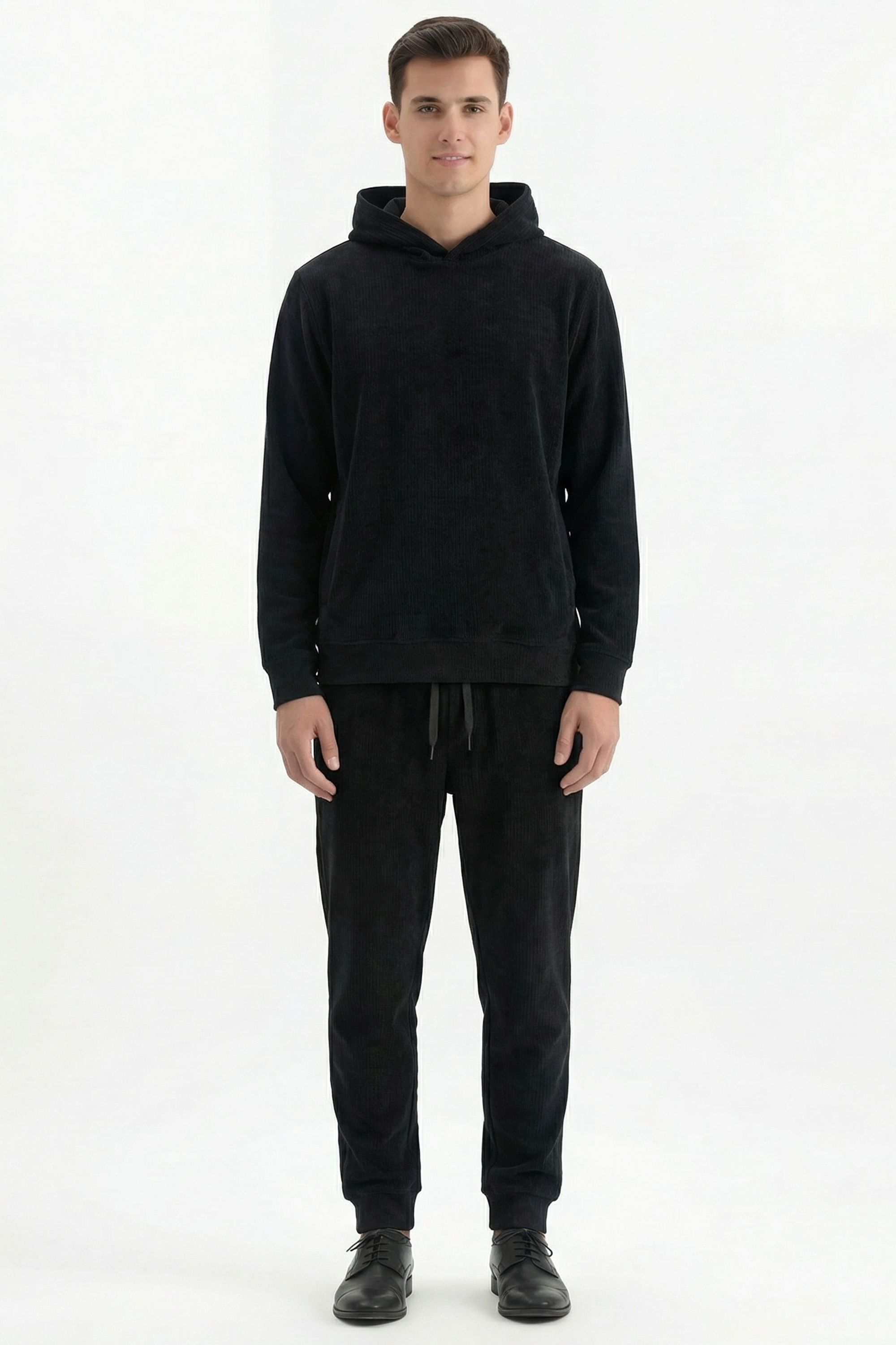 Stylox Men’s Regular Fit Ribbed Tracksuit Set (Hooded Sweatshirt + Jogger Pants) (Black) - Stylox