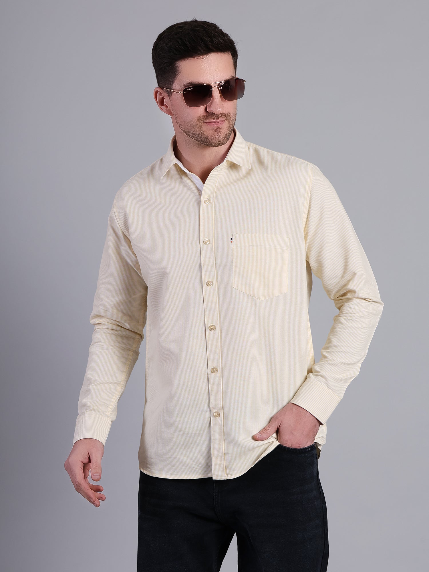 Stylox Men’s Green Striped Casual Shirt | Regular Fit Cotton Shirt for Men - Yellow - Stylox