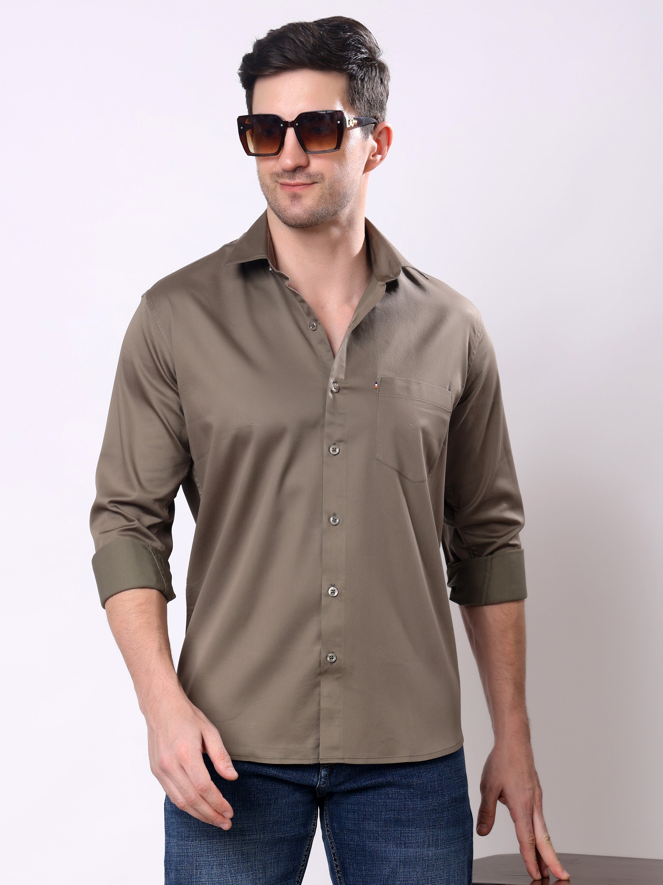 Stylox Men’s Regular Fit Full Sleeve Solid Cotton Satin Casual Shirt - Stylox