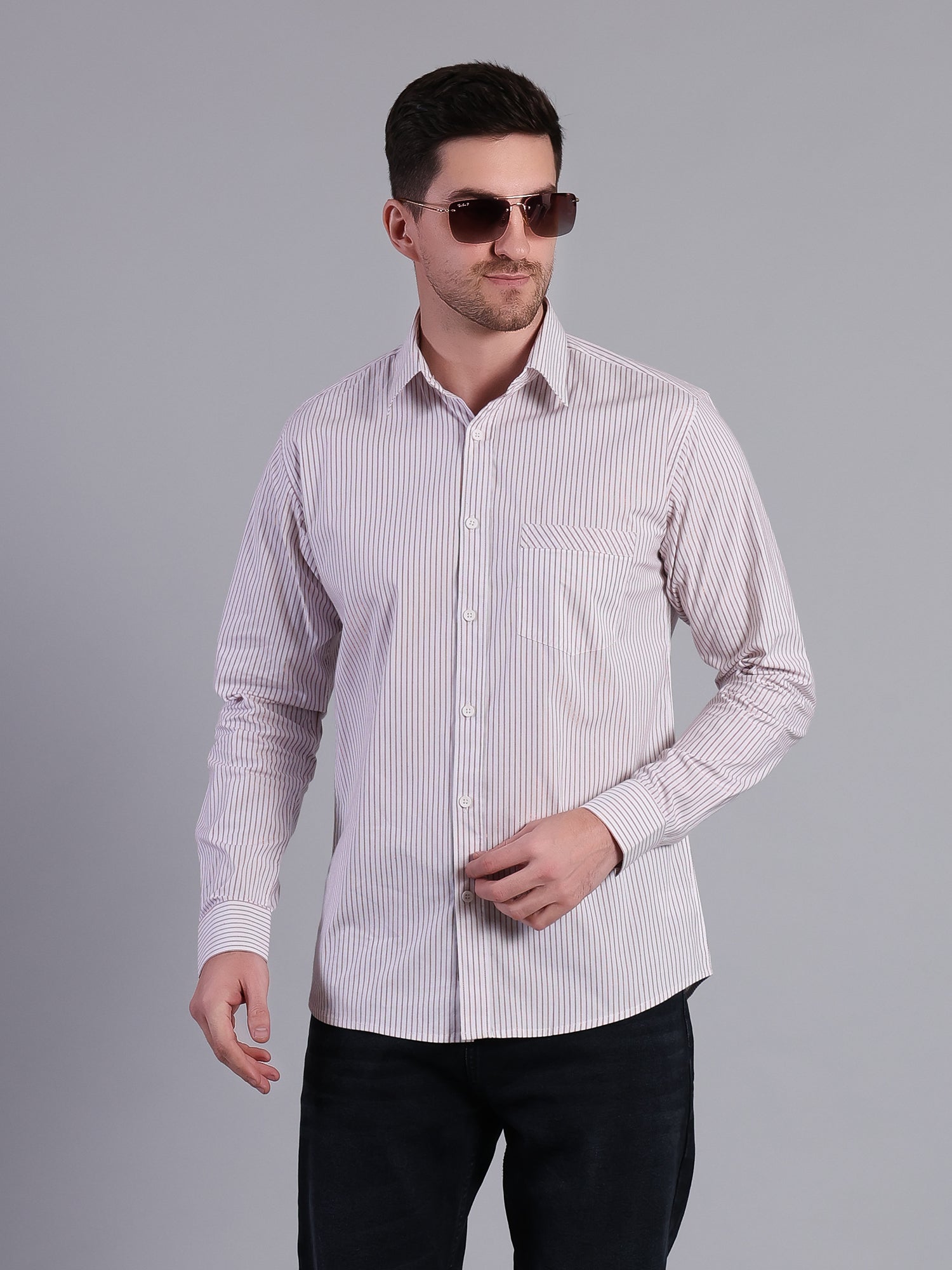 Stylox Men’s Regular Fit Vertical Striped Full Sleeve Casual Shirt-Red - Stylox