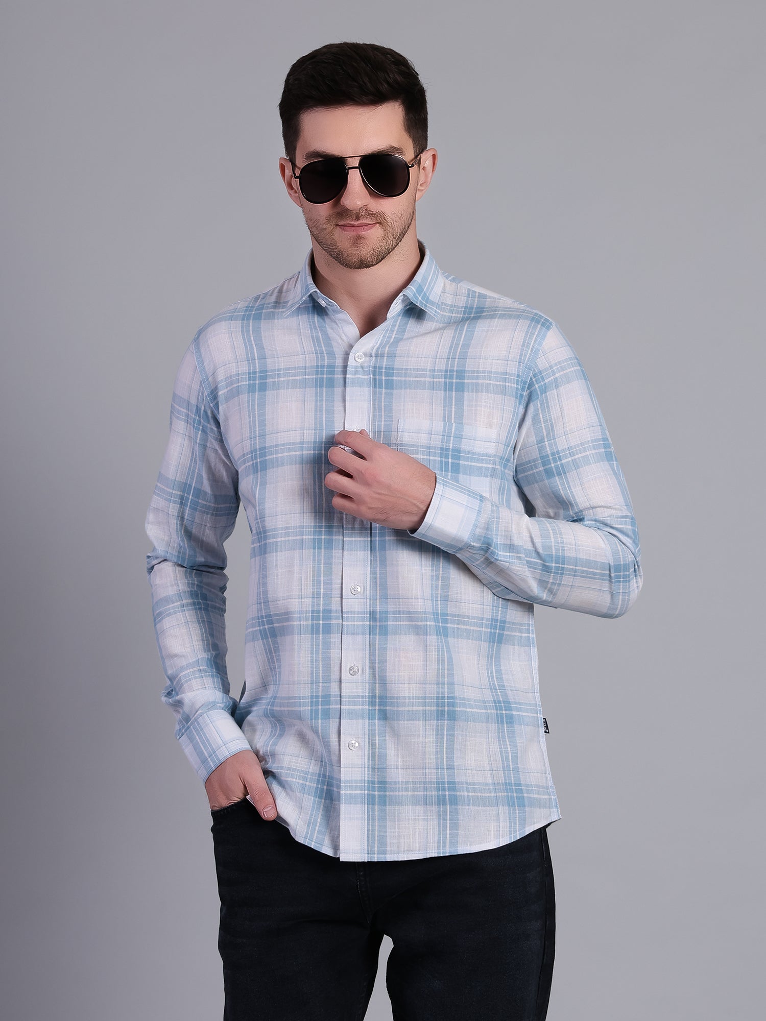 Stylox Men’s Regular Fit Checked Full Sleeve Casual Shirt-Sky Blue - Stylox