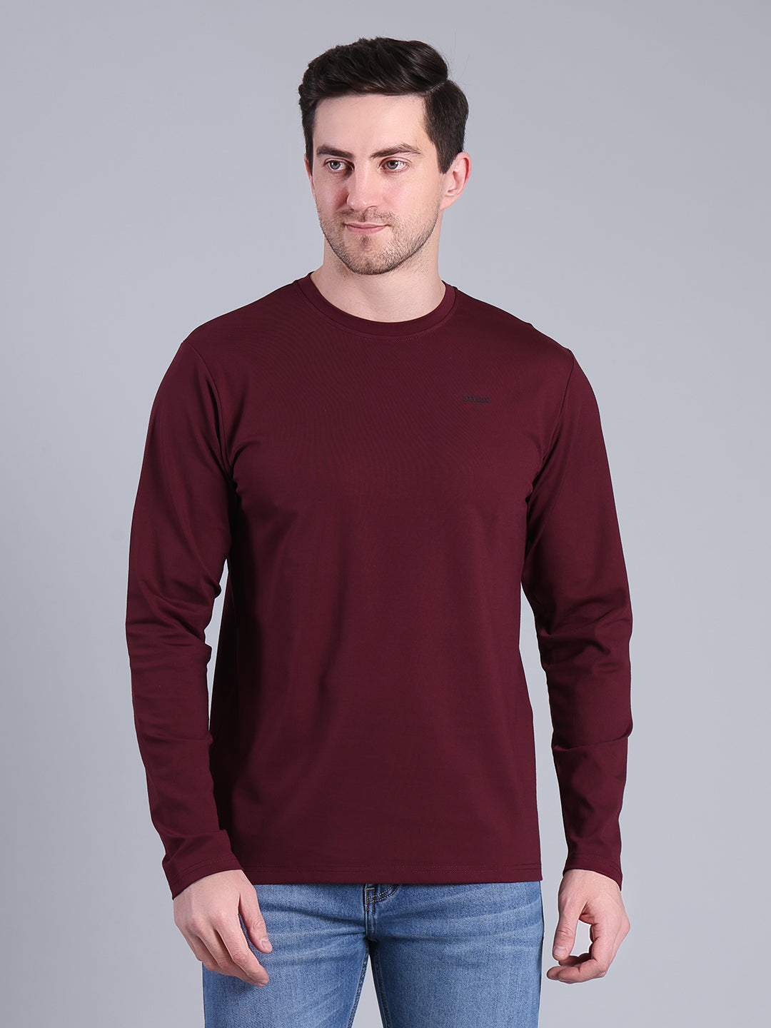 Stylox Men’s Full Sleeve Round Neck T-Shirt | Solid Slim Fit Cotton Blend Casual Tee