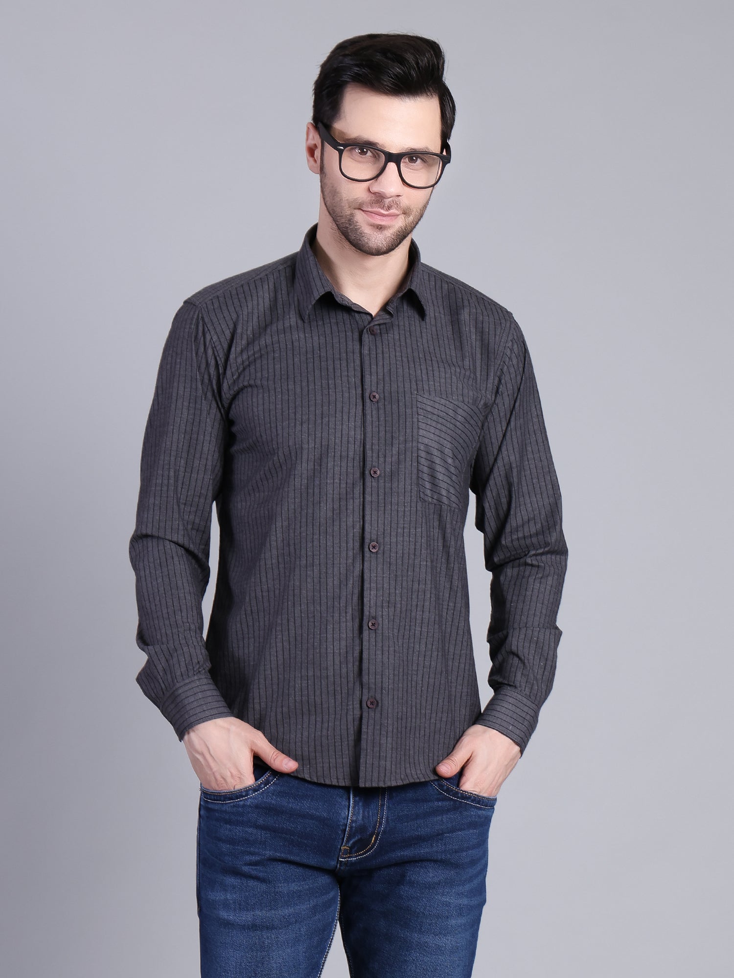 Stylox Men’s Regular Fit Vertical Striped Full Sleeve Casual Shirt-Charcoal - Stylox