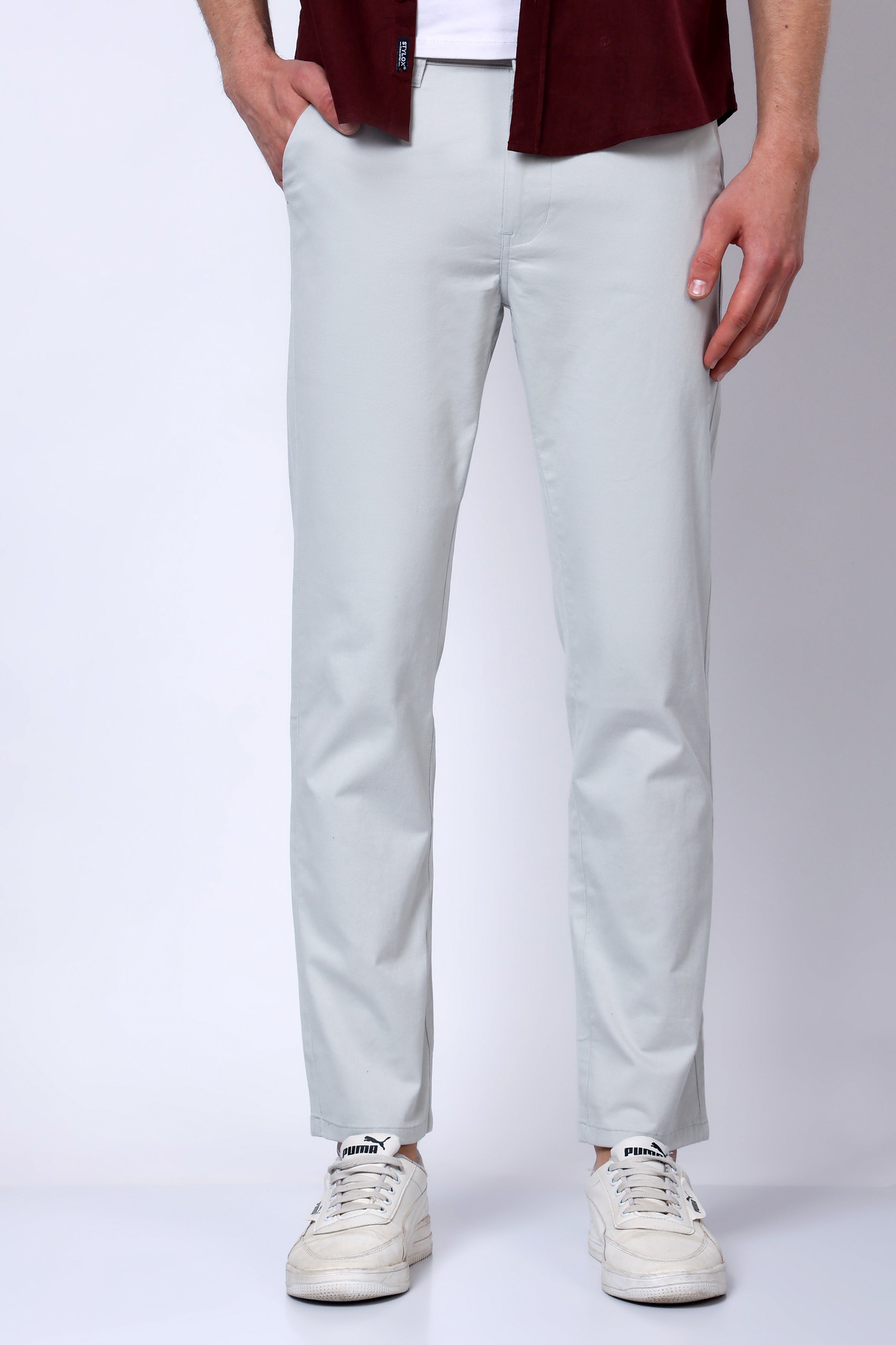 Stylox Men’s Straight Fit Casual Trousers with Comfort-Light Grey - Stylox