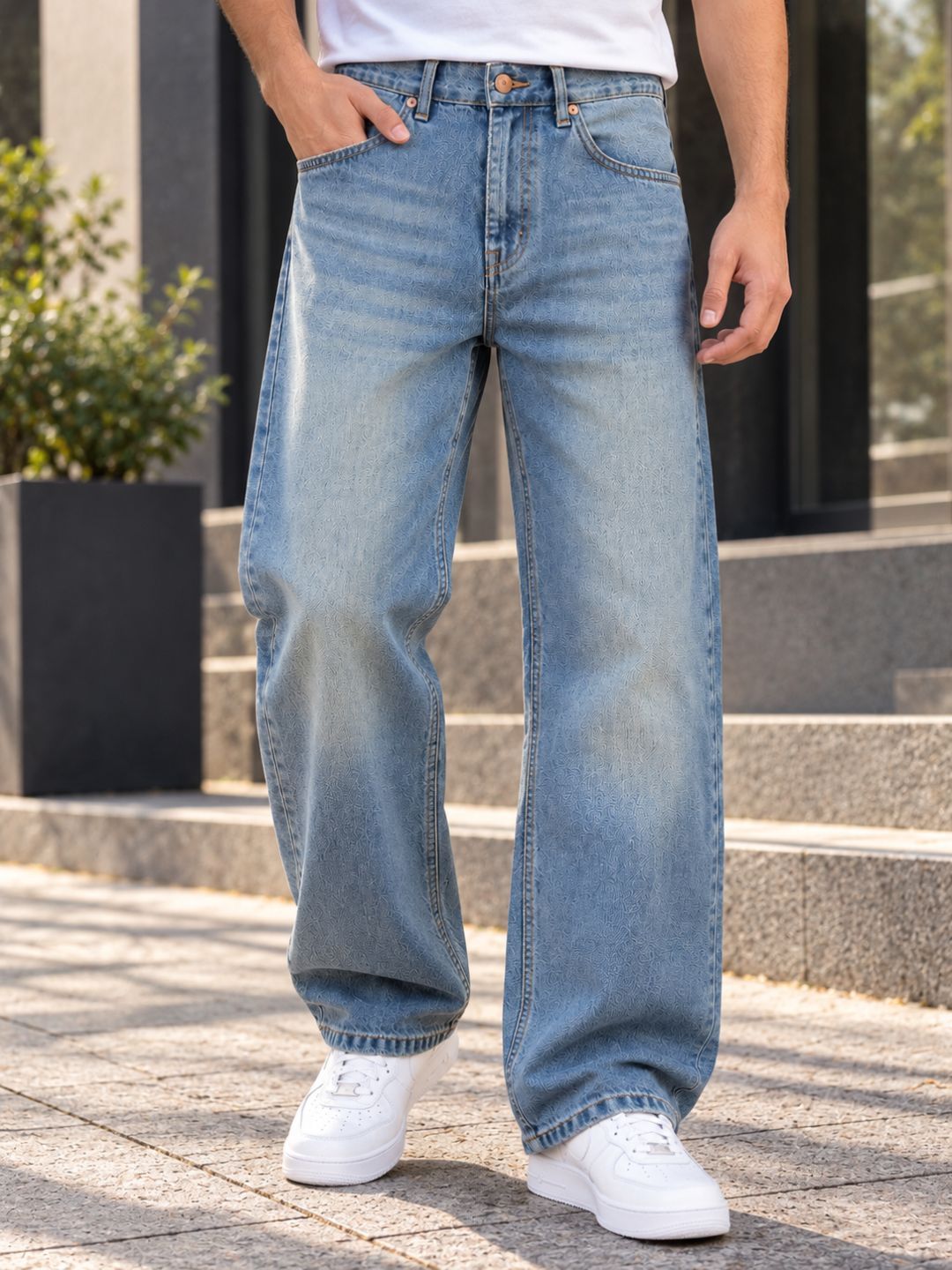 Stylox Men’s Vintage Blue Baggy Fit Non-Stretchable Denim Jeans