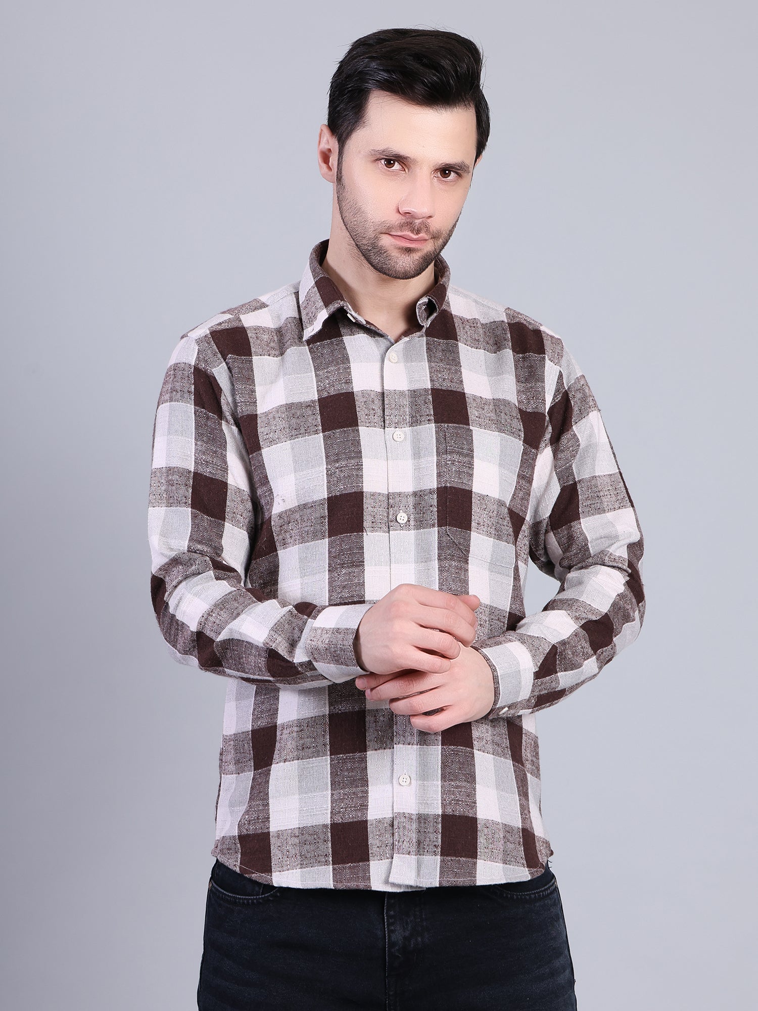 Stylox Men’s Checkered Full Sleeve Casual Shirt-Dark Brown - Stylox