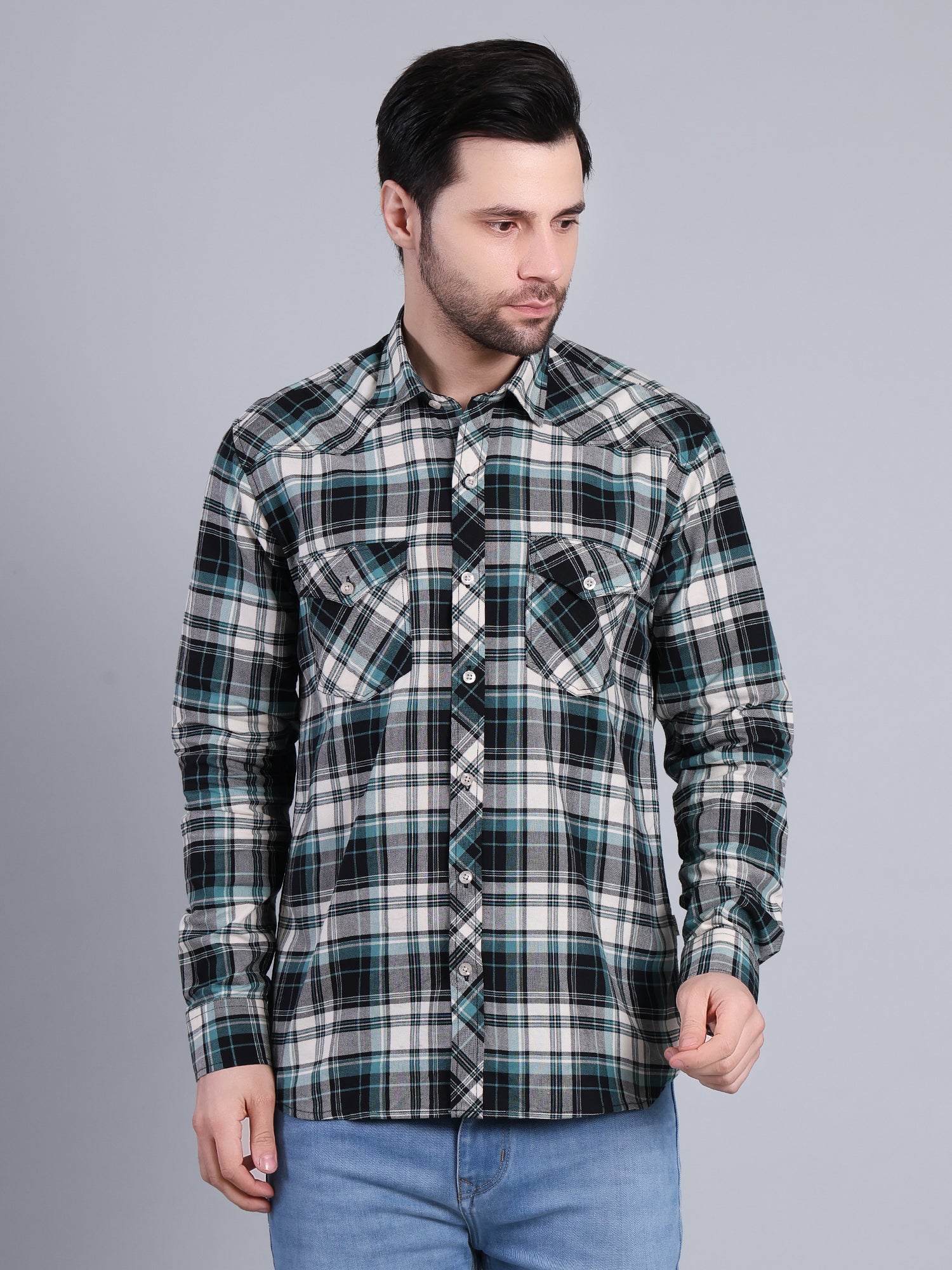 Stylox Men's Regular Fit Double Chest Pocket Check Casual Shirt (Teal)