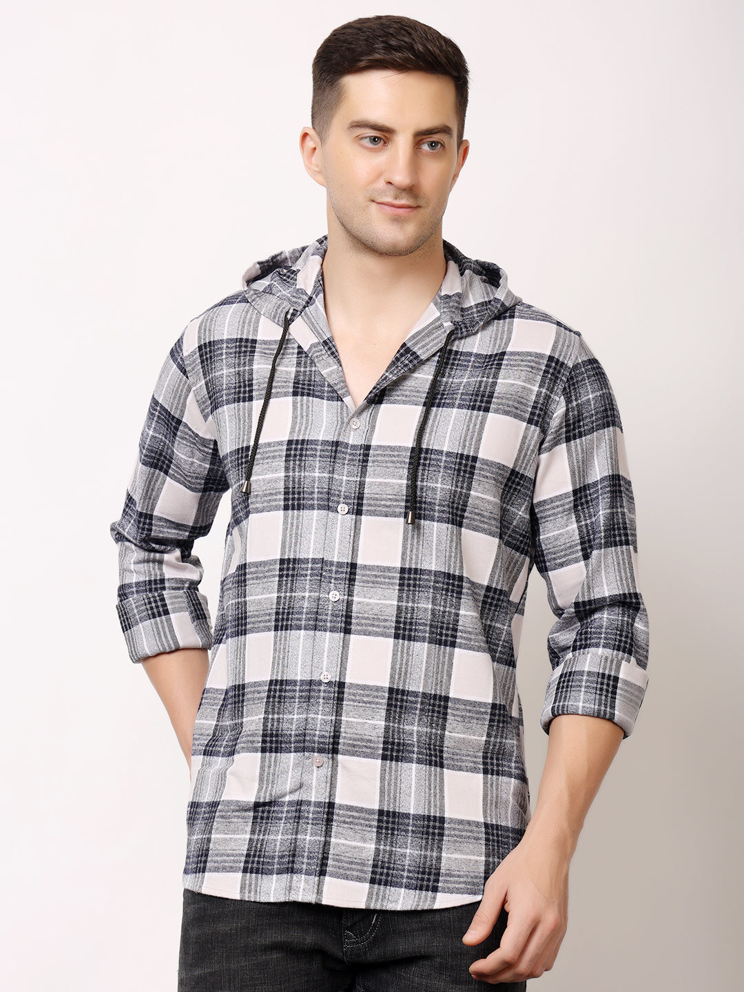 Stylox Men’s Regular Fit Hooded Check Shirt | Full Sleeve Cotton Blend Casual Checkered Shirt - Stylox