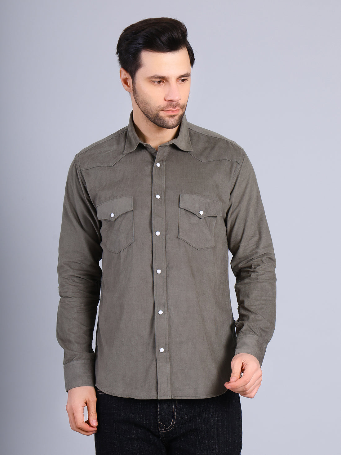 Stylox Men’s Regular Fit Full Sleeve Solid Casual Corduroy Shirt with Double Chest Pocket (Olive)