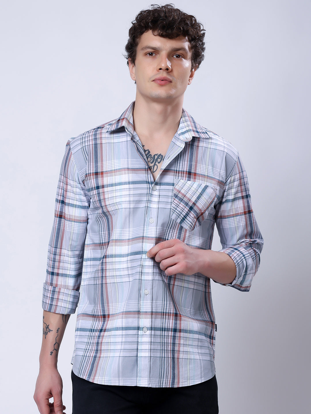 Stylox Men’s Regular Fit Full Sleeve Casual Check Shirt–Grey &amp; Brown - Stylox