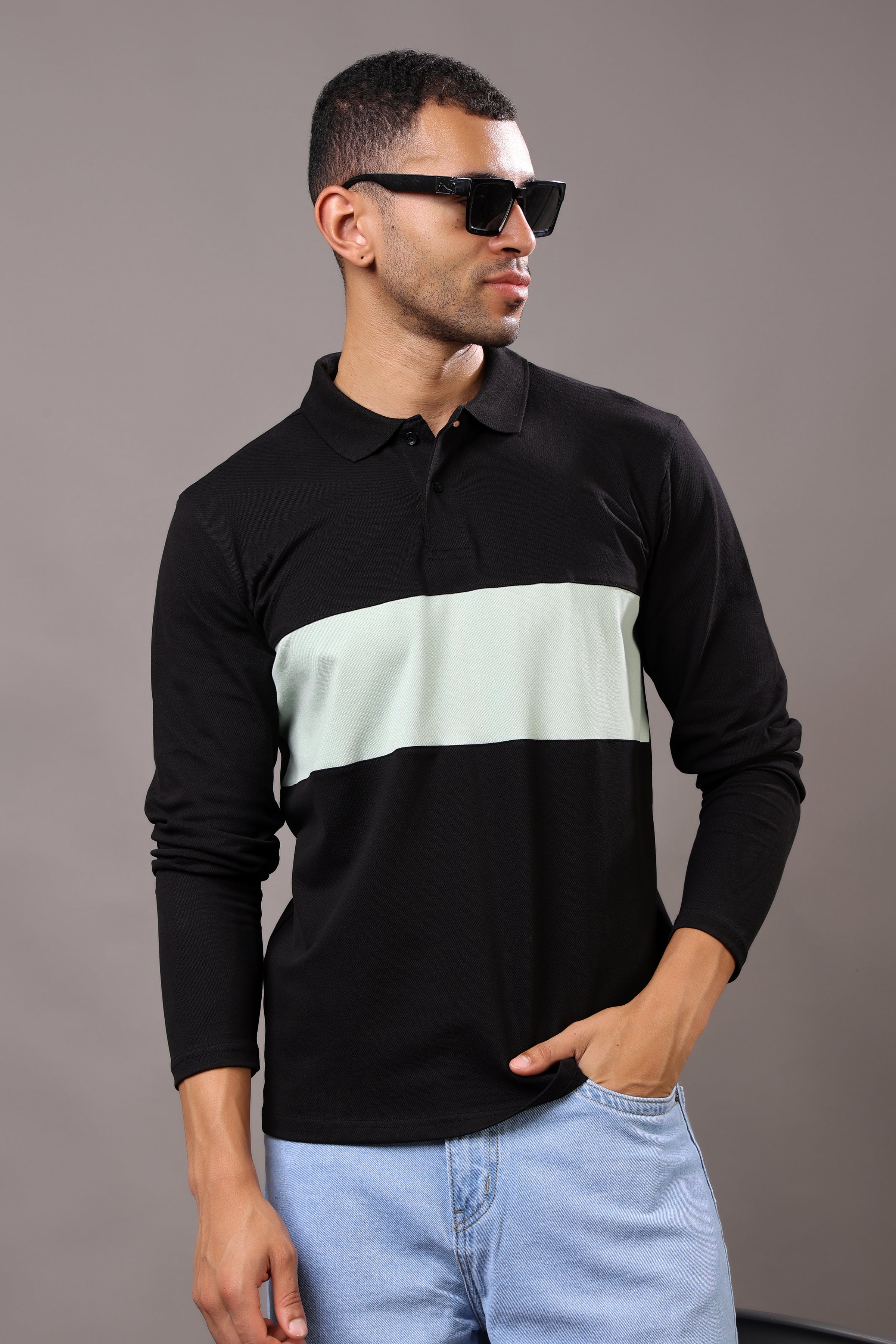 Stylox Men’s Long Sleeve Polo T-Shirt with Cut & Sew Design - Stylox