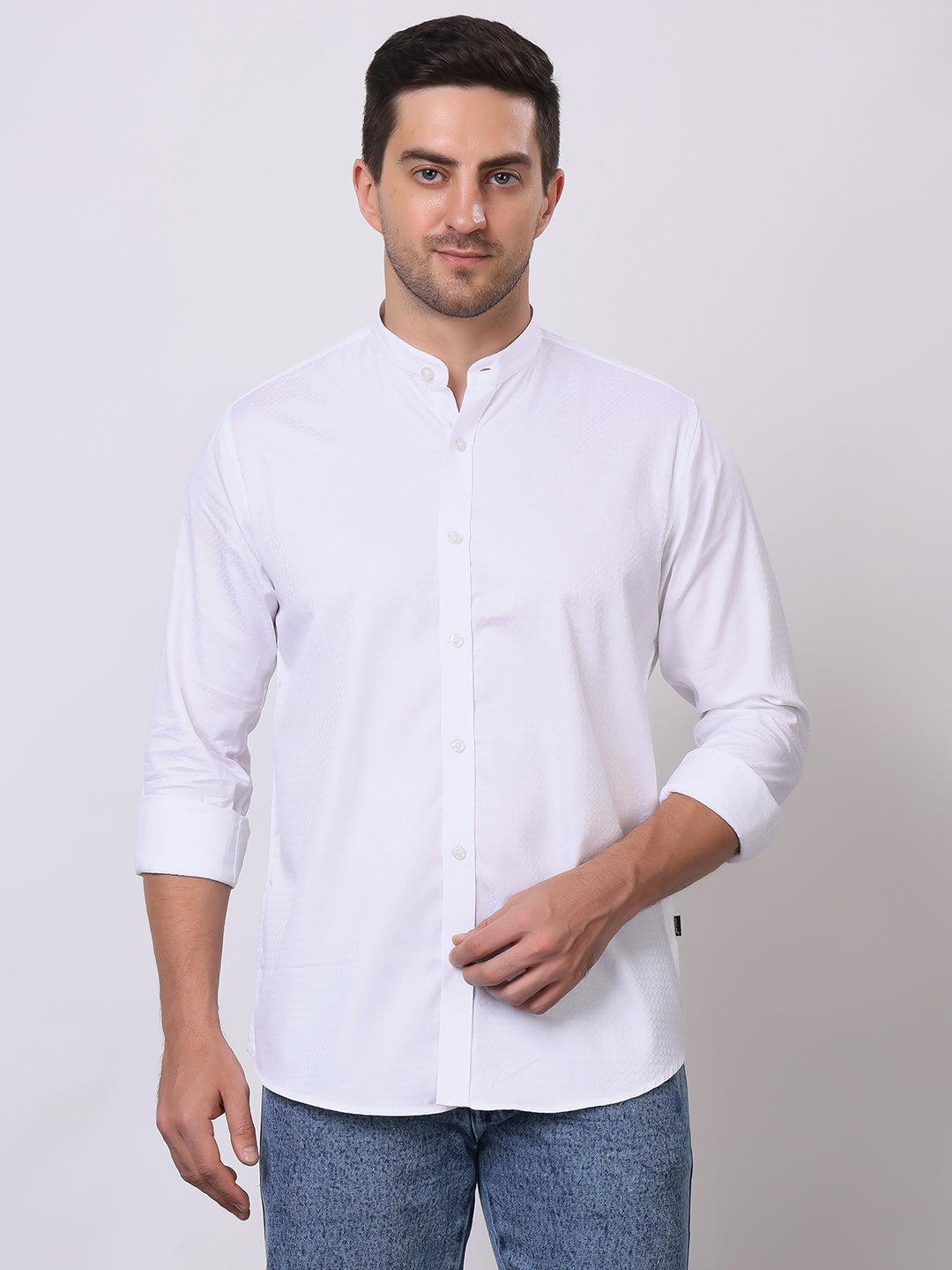 Stylox Men’s White Mandarin Collar Full Sleeve Casual Shirt - Stylox