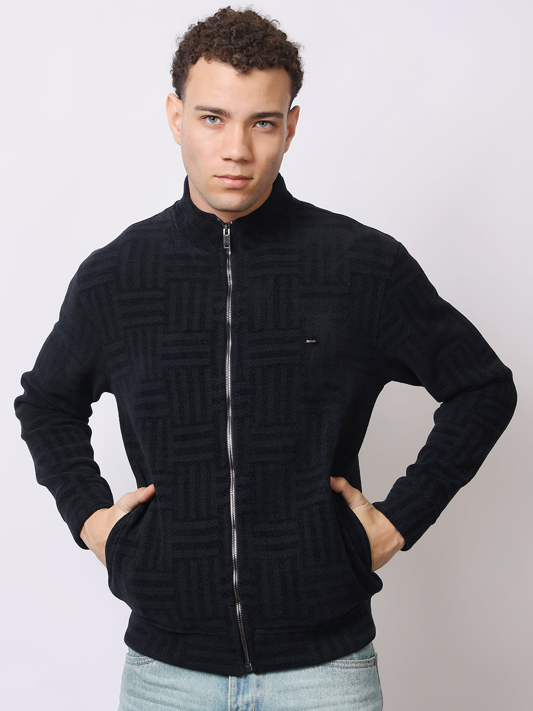 Stylox Men’s Black Textured Full-Zip Winter Jacket – Warm Fleece-Lined High Neck Sweatshirt for Casual Wear