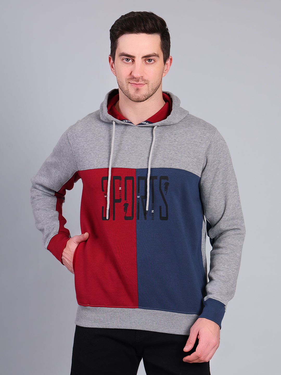 Stylox Men’s Winter Colorblock Printed Hoodie | Pullover Hooded Sweatshirt with Side Pocket (Grey) - Stylox