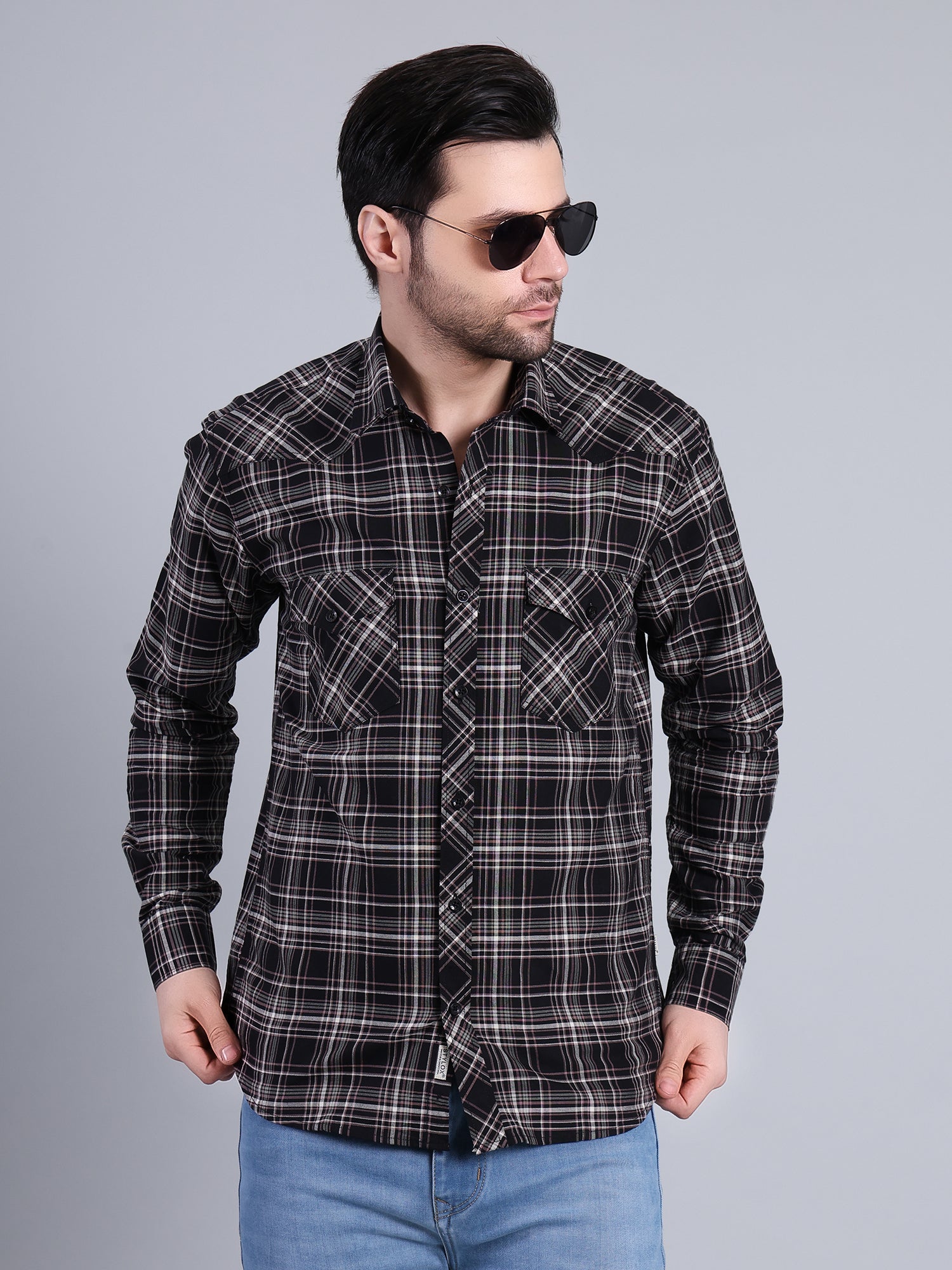 Stylox Men's Regular Fit Double Chest Pocket Check Casual Shirt (Black)