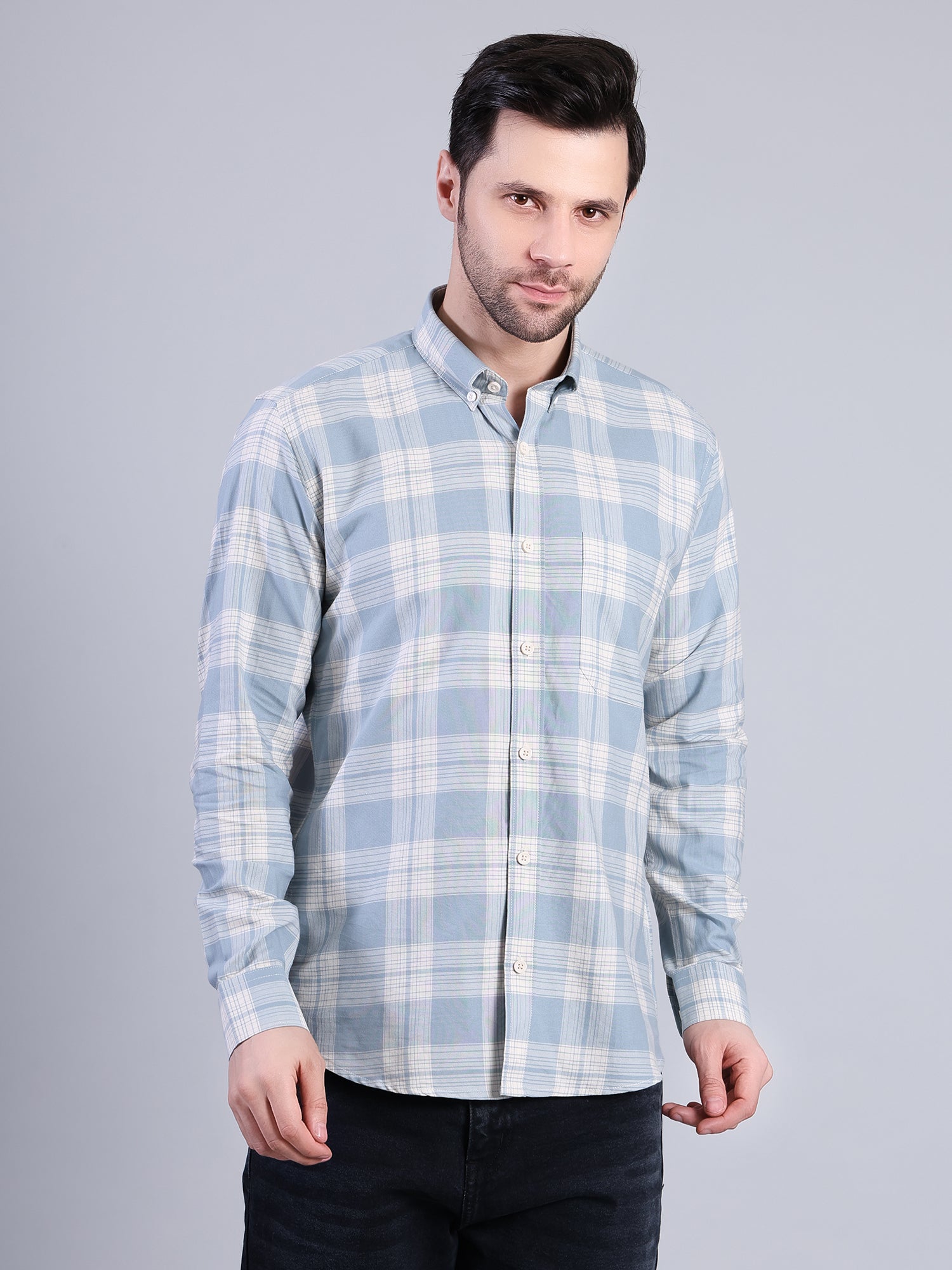 Stylox Men’s Checkered Full Sleeve Casual Shirt-Light Blue - Stylox