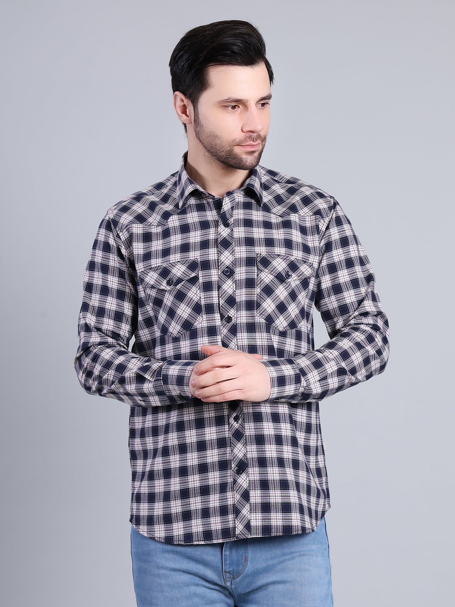Stylox Men's Regular Fit Double Chest Pocket Check Casual Shirt (Navy)