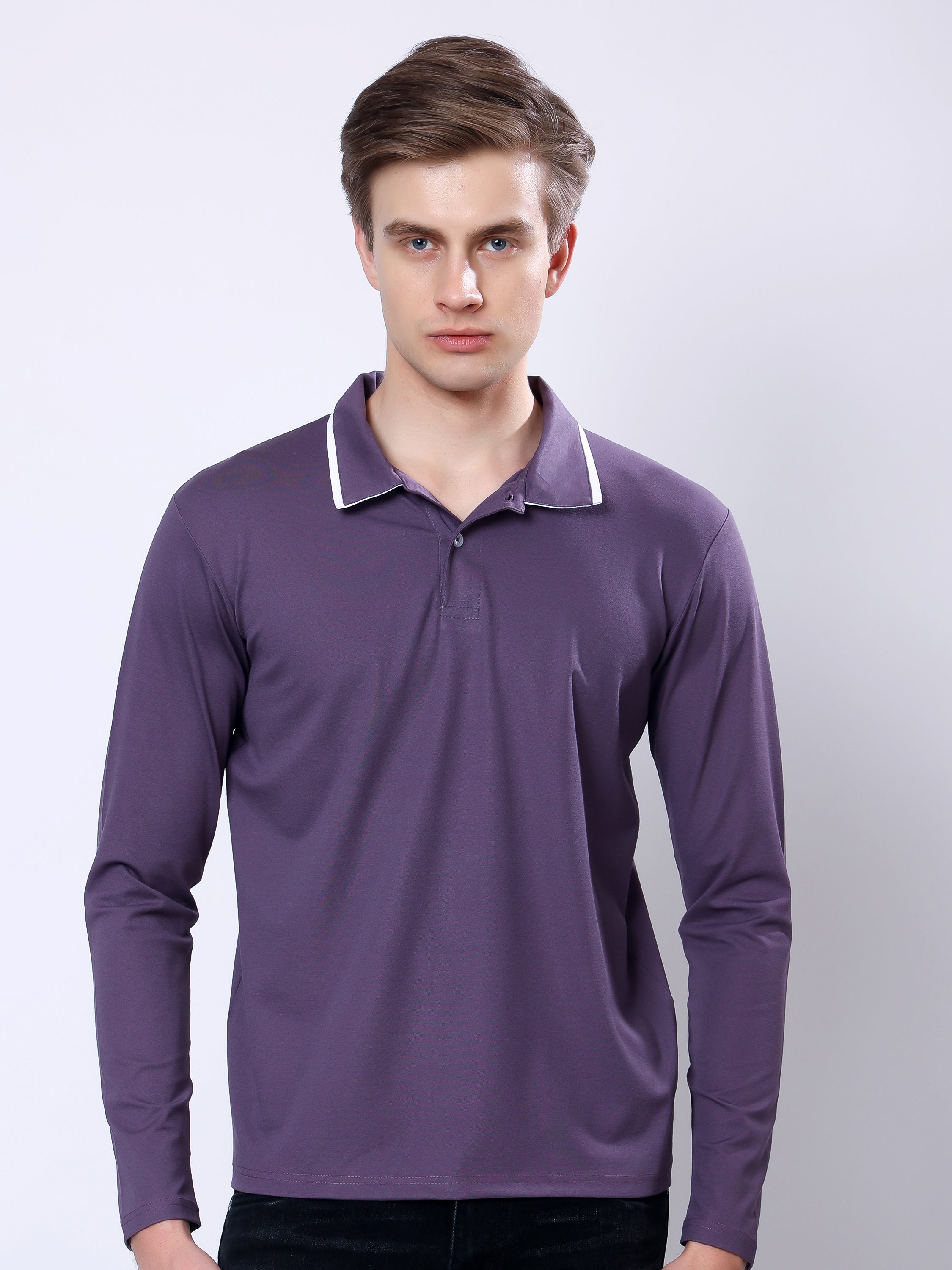 Stylox Men’s Regular Fit Solid Full Sleeve Polo T-Shirt with Contrast Collar - Stylox