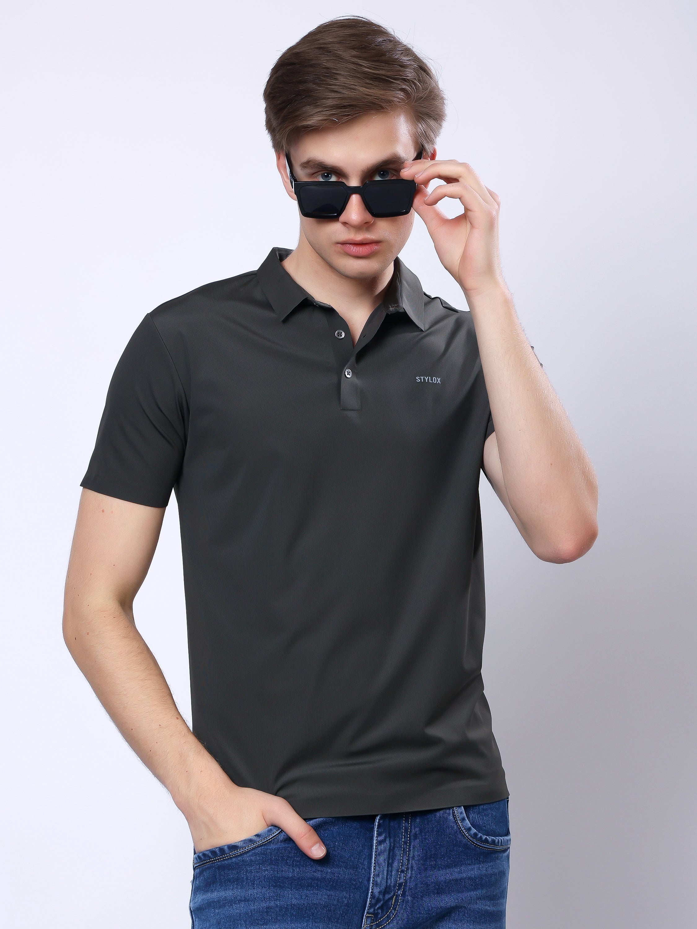 Stylox Men’s Premium Regular Fit Stretchable Polo T-Shirt–Dark Grey - Stylox