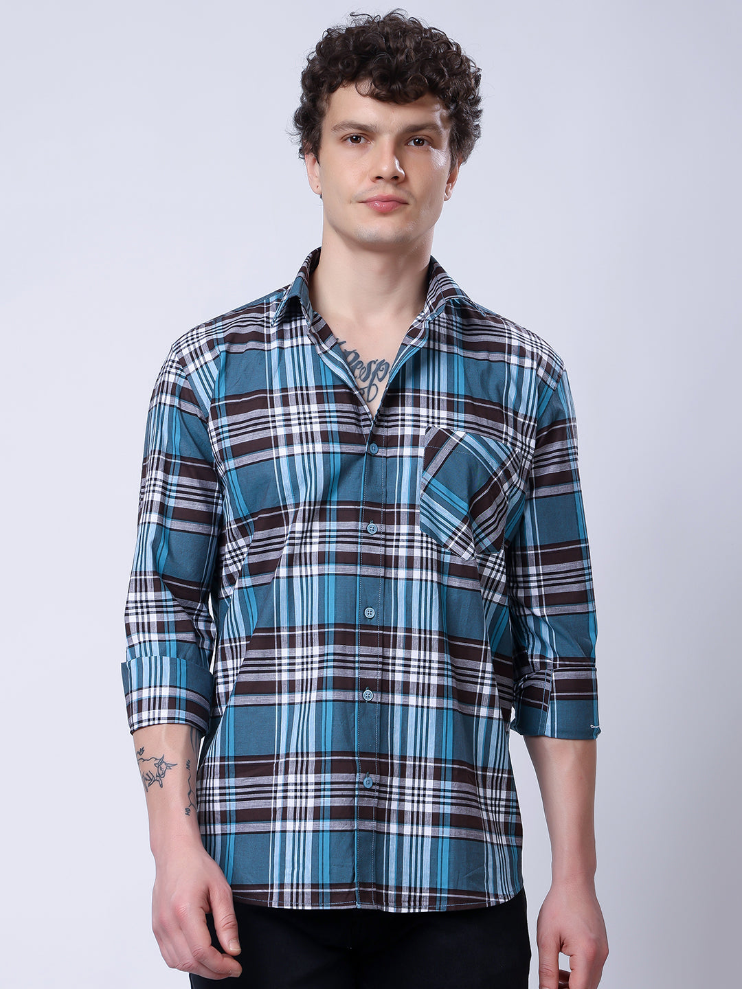 Stylox Men’s Regular Fit Full Sleeve Casual Check Shirt–Teal &amp; Brown - Stylox
