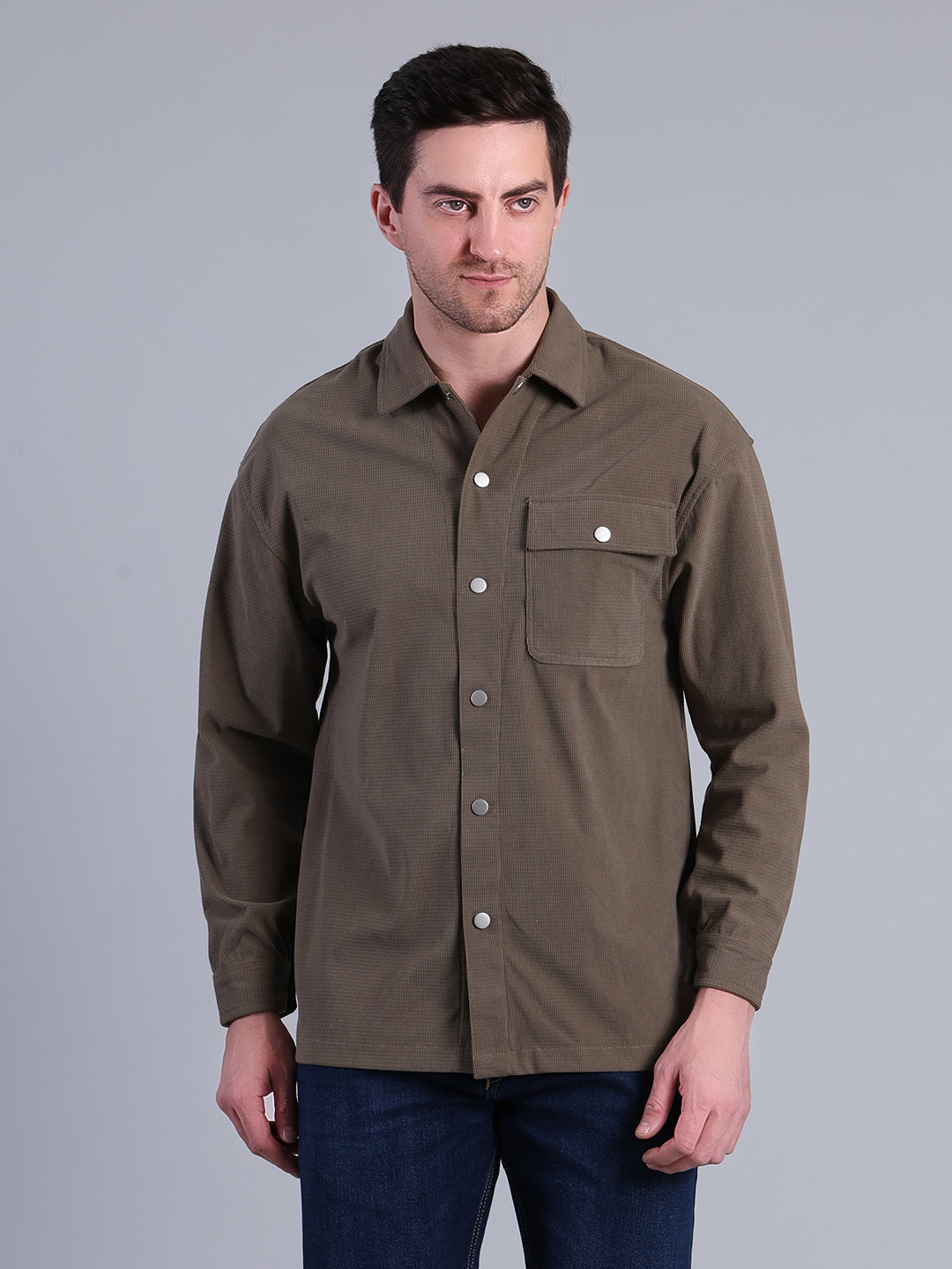 Stylox Men’s Textured Winter Shacket with Snap Button Closure (Olive)