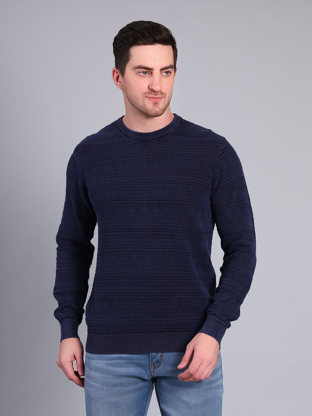 Stylox Men’s Winter Textured Sweater | Full Sleeve Round Neck Knit Pullover | Warm Casual Wear