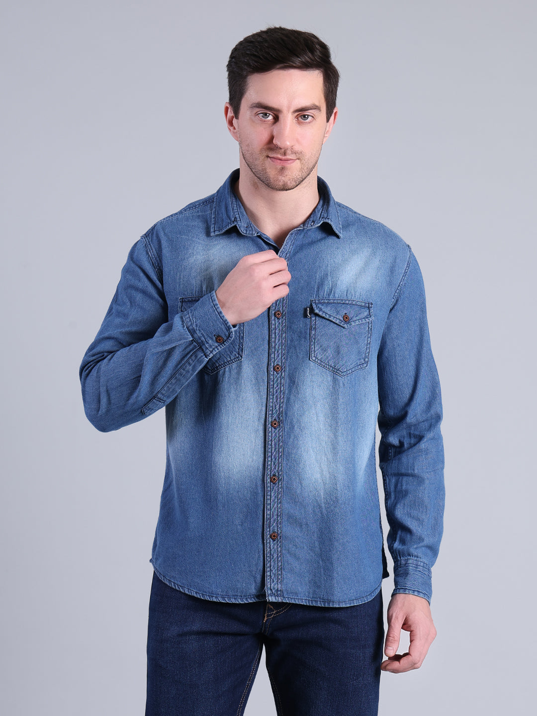 Stylox Men’s Light Wash Denim Shirt with Dual Chest Pockets - Stylox