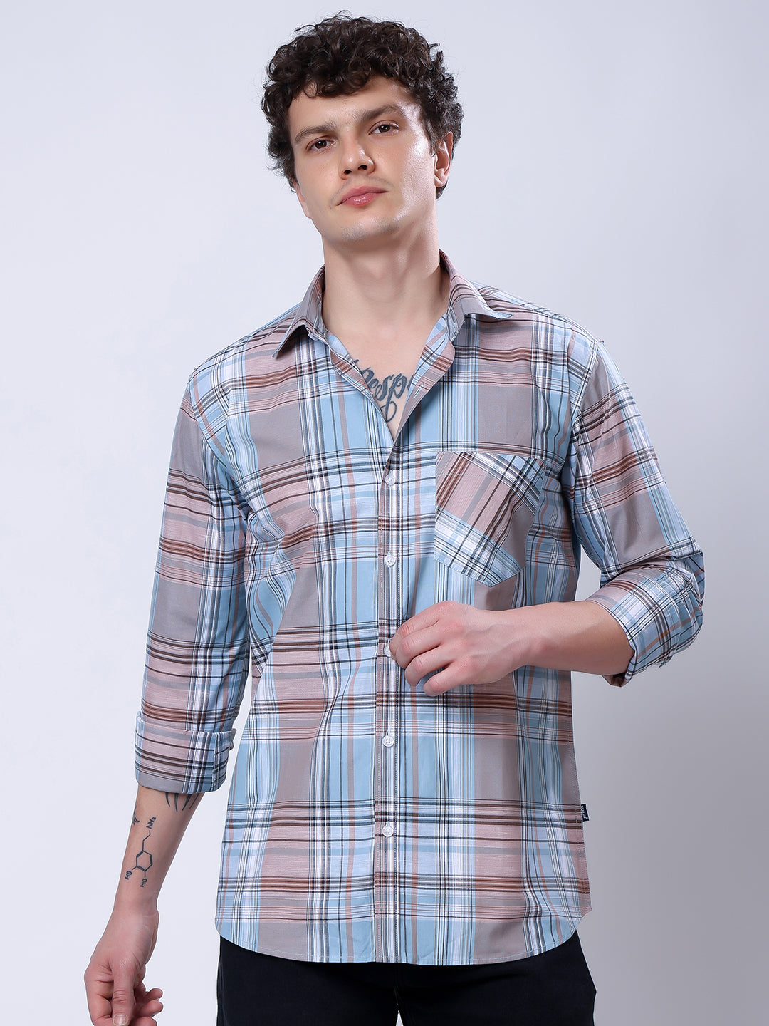 Stylox Men’s Regular Fit Full Sleeve Casual Check Shirt–Light Brown &amp; Light Blue - Stylox