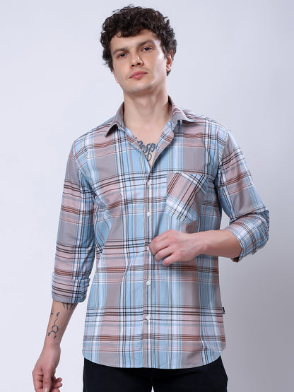 Stylox Men’s Regular Fit Full Sleeve Casual Check Shirt–Light Brown &amp; Light Blue - Stylox
