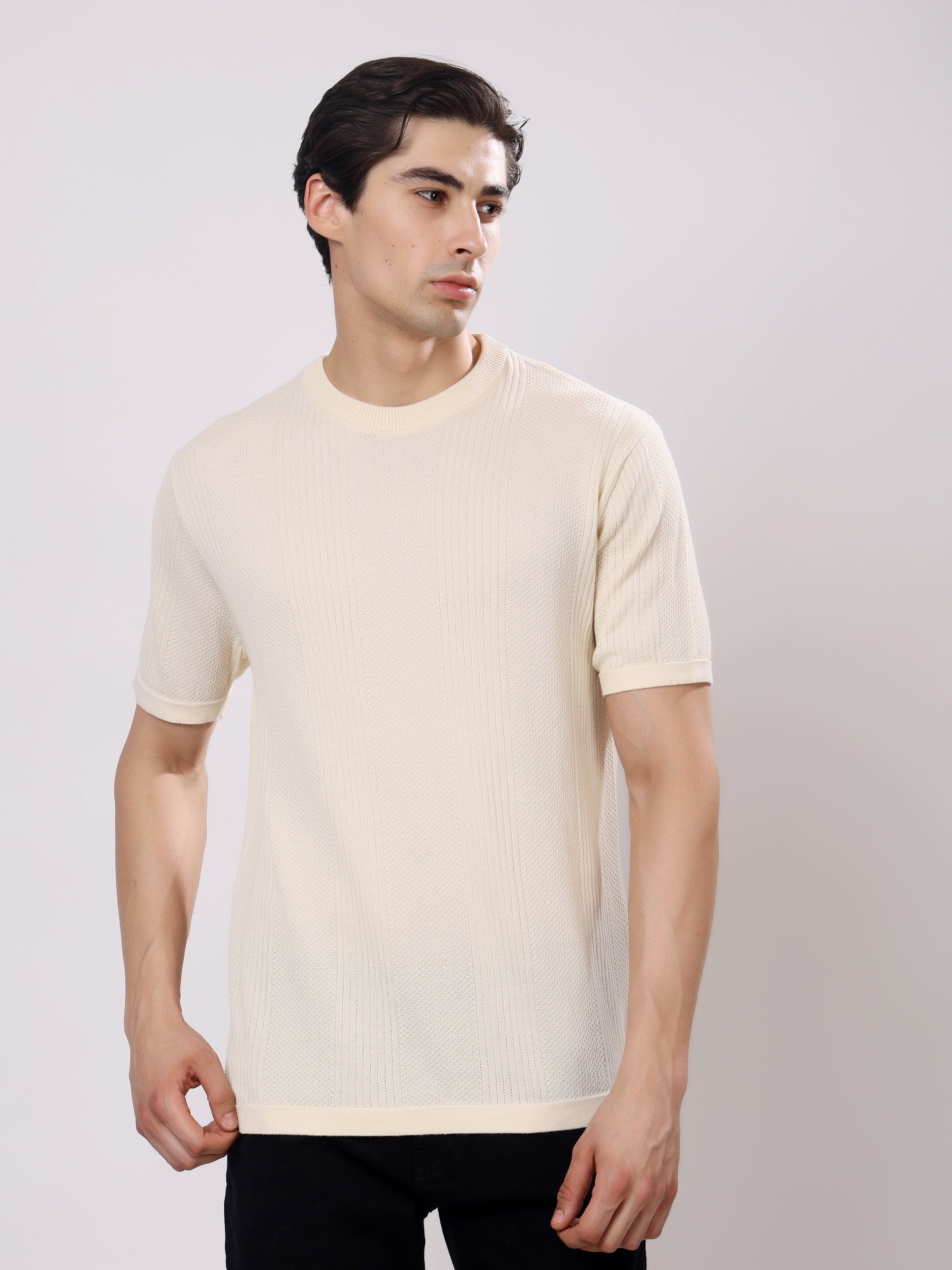 Stylox Men's Regular Fit Half Sleeve Solid Knitted Round Neck T-Shirt