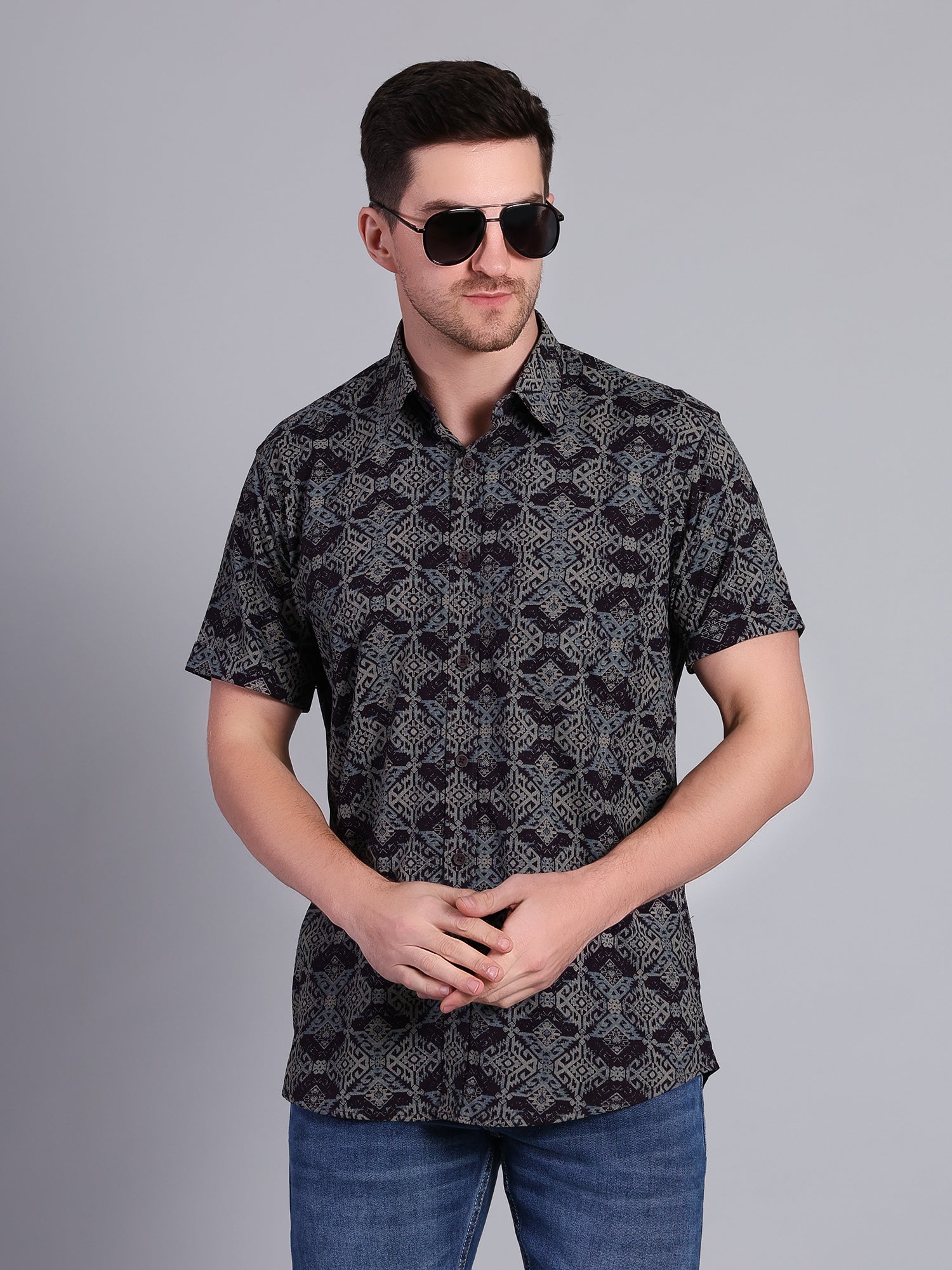 Stylox Men’s Regular Fit Geometric Printed Half Sleeve Casual Shirt-Violet - Stylox