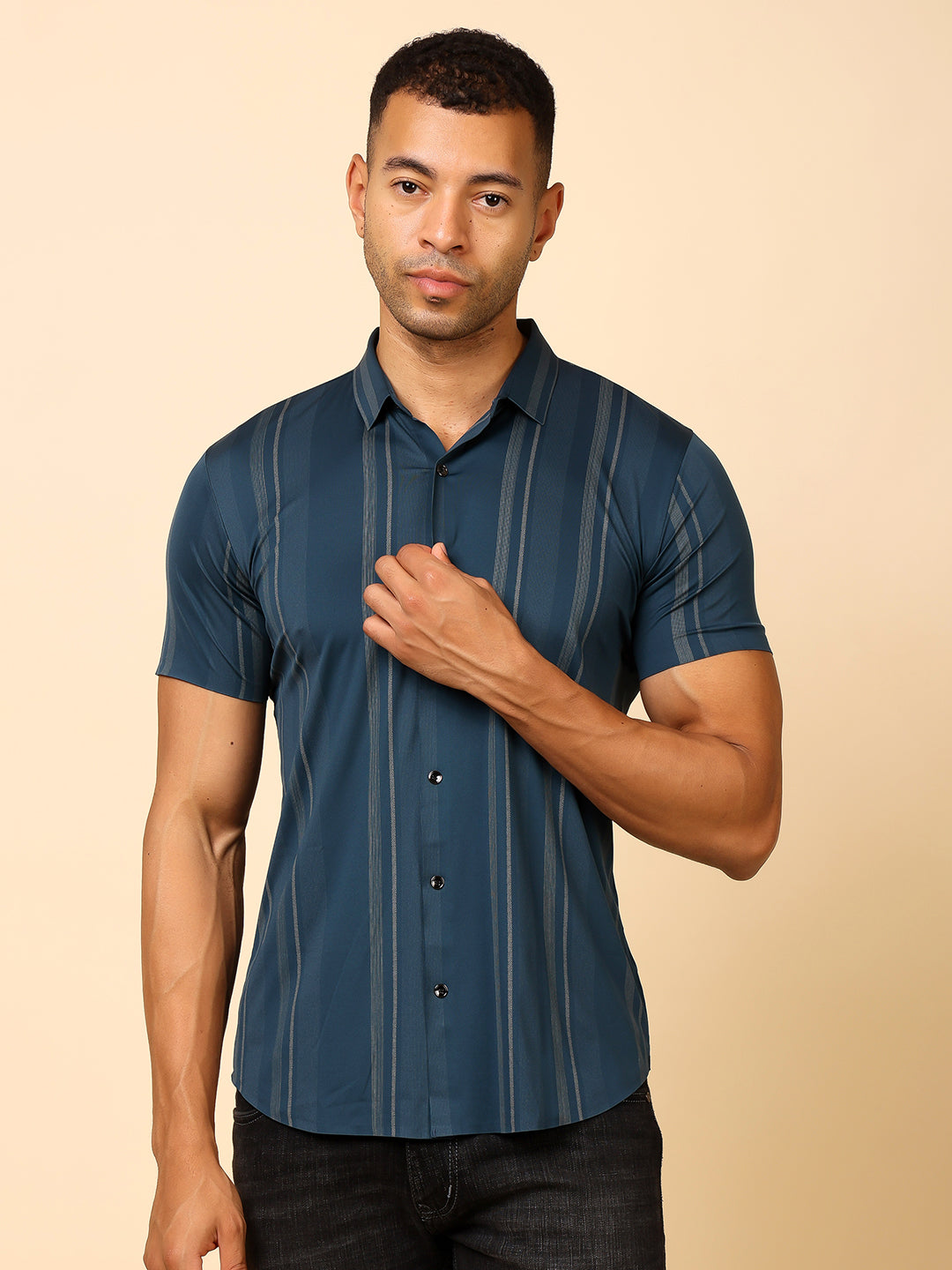 Stylox Men’s Slim-Fit Stretchable Striped Half-Sleeve Shirt – Casual &amp; Comfy