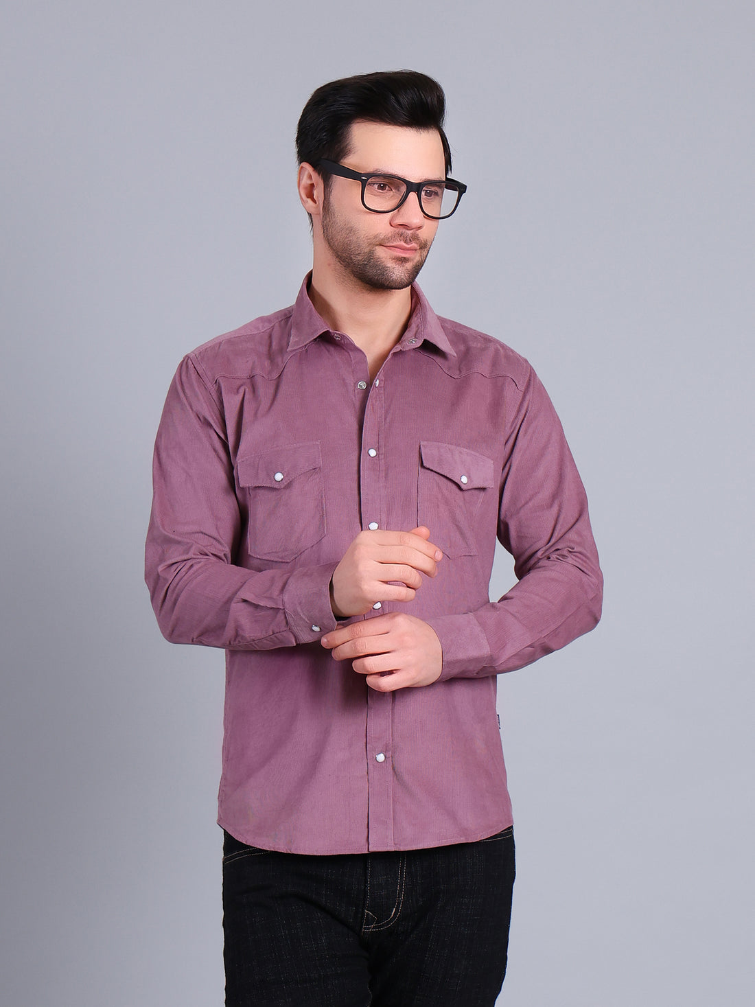Stylox Men’s Regular Fit Full Sleeve Solid Casual Corduroy Shirt with Double Chest Pocket (Violet)