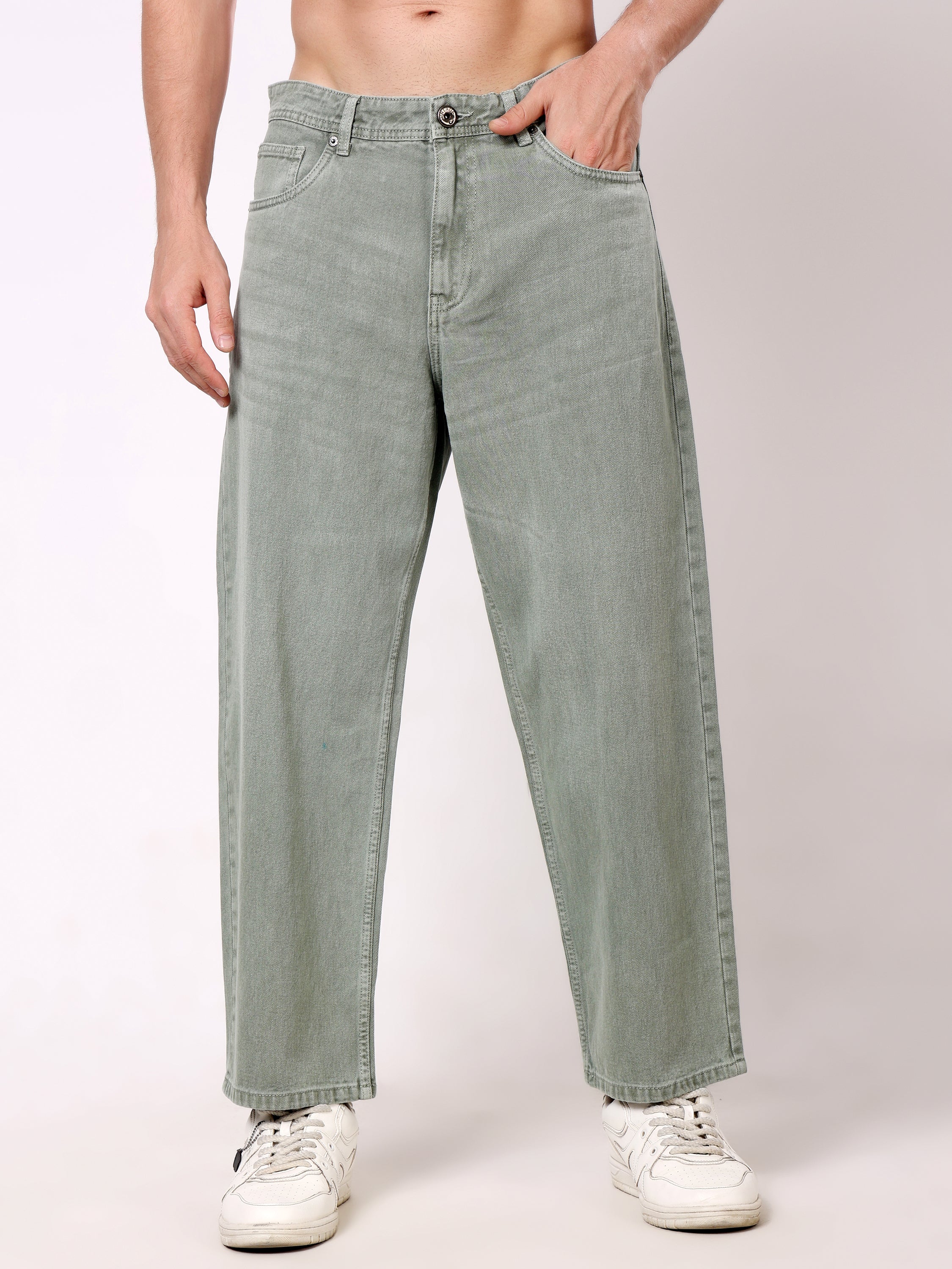 Stylox Men's Light Olive Super Baggy Fit Non-Stretchable Denim Jeans