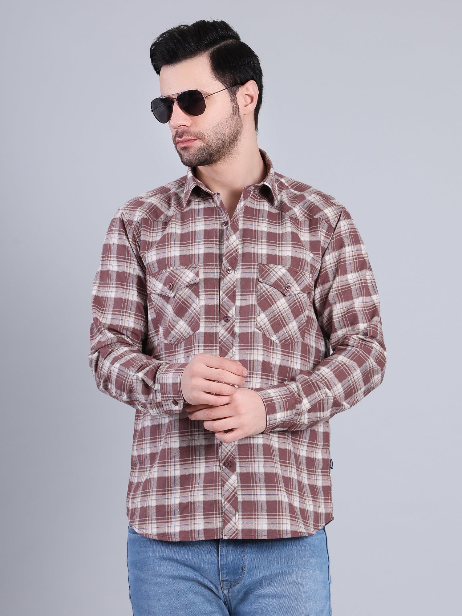 Stylox Men's Regular Fit Double Chest Pocket Check Casual Shirt (Brown)