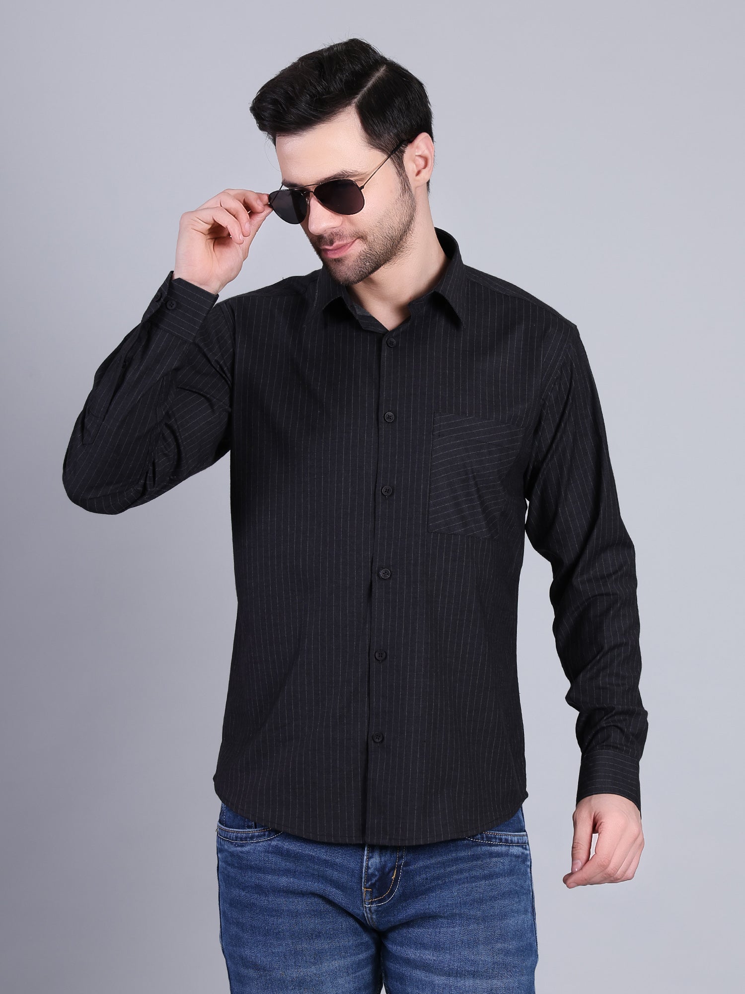Stylox Men’s Regular Fit Vertical Striped Full Sleeve Casual Shirt-Black - Stylox