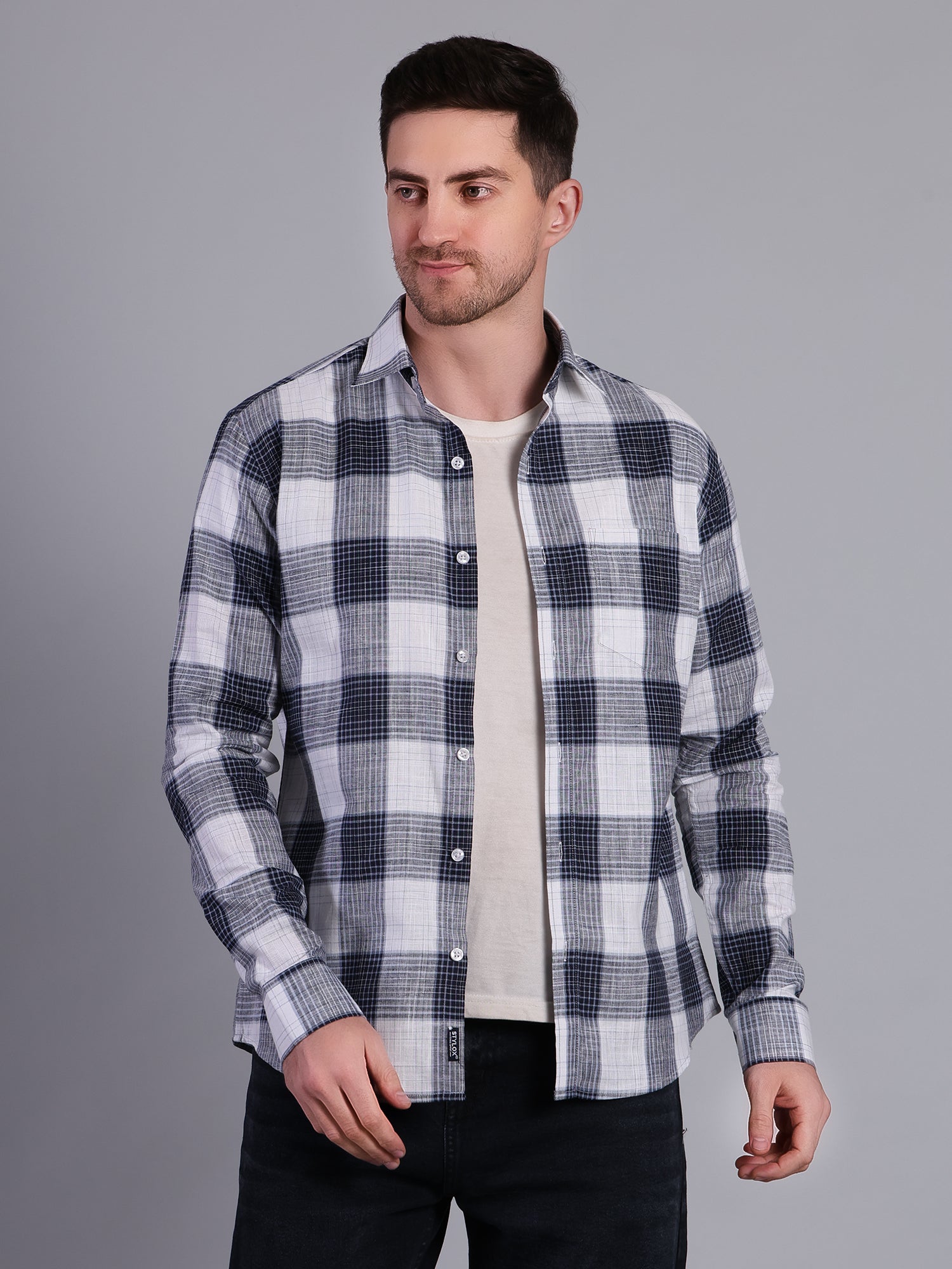 Stylox Men’s Regular Fit Checked Full Sleeve Casual Shirt-Blue - Stylox